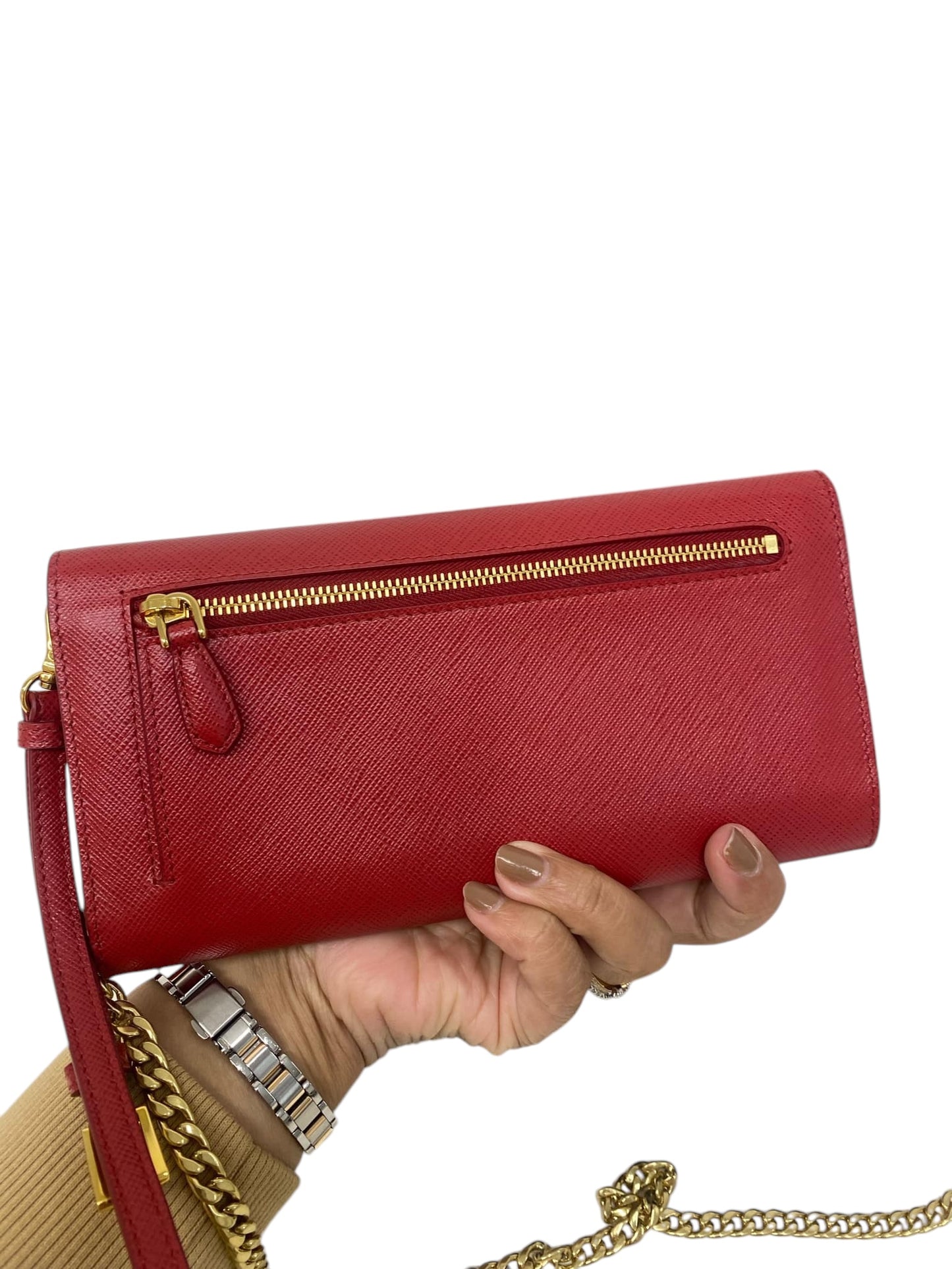 PRE-OWNED Red Saffiano Leather Envelope Wallet On Chain