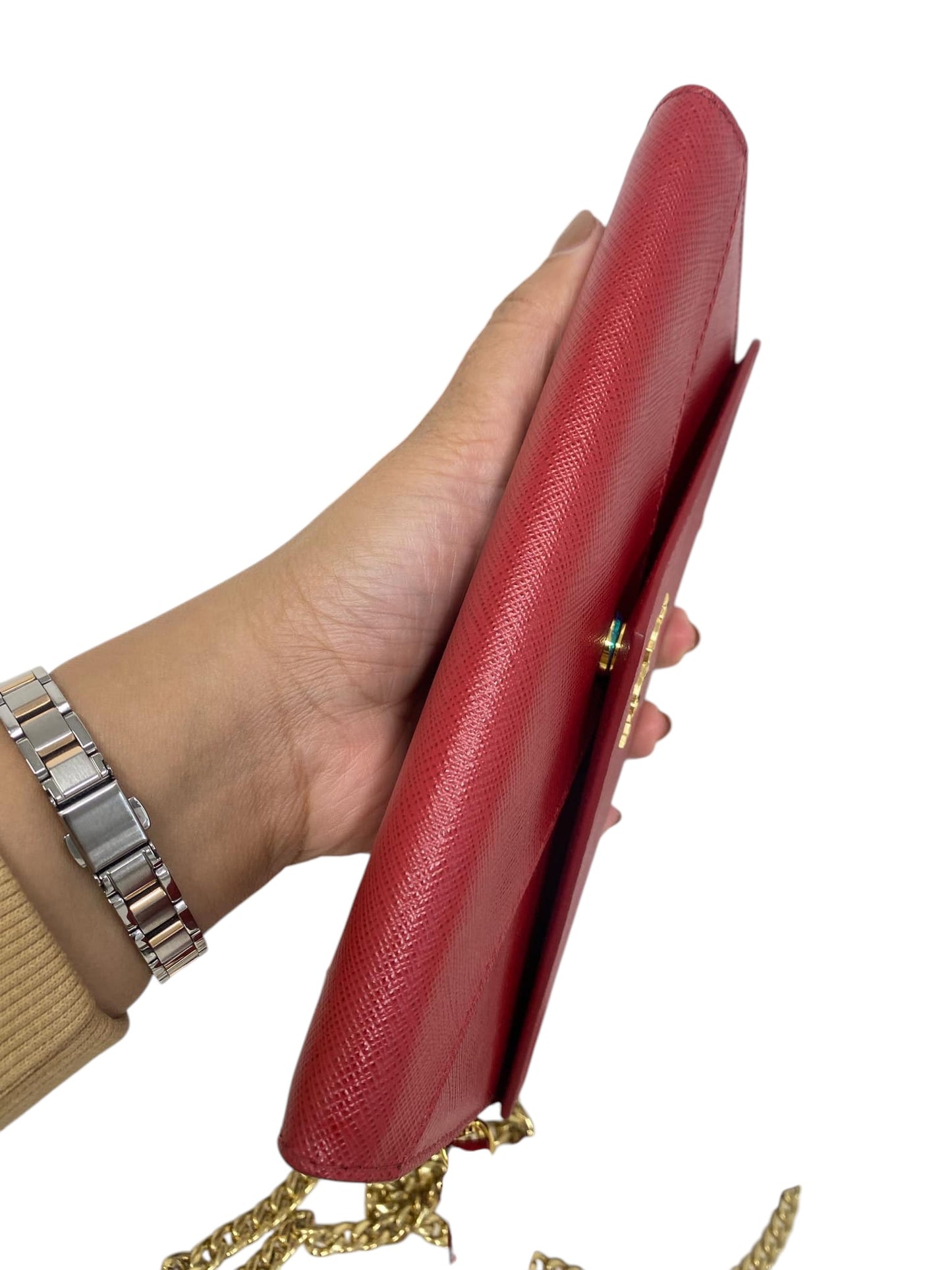 PRE-OWNED Red Saffiano Leather Envelope Wallet On Chain