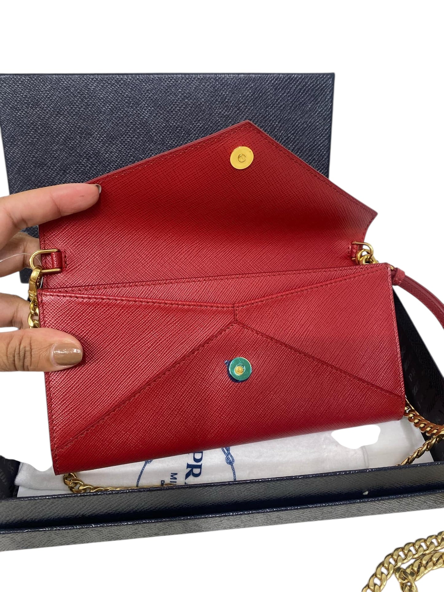 PRE-OWNED Red Saffiano Leather Envelope Wallet On Chain