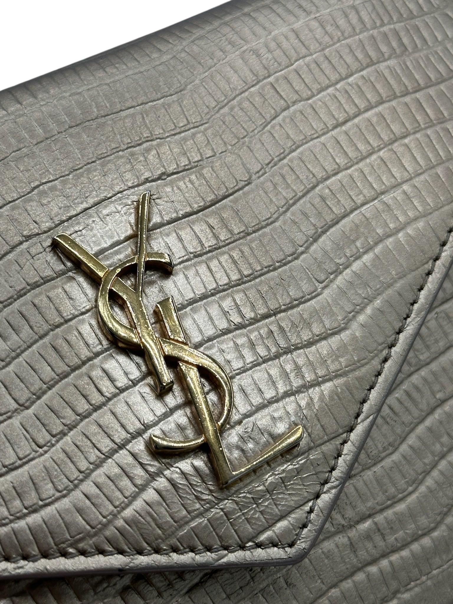 PRE-OWNED YSL Classic Monogram Wallet on a Chain Lizard Embossed Leather