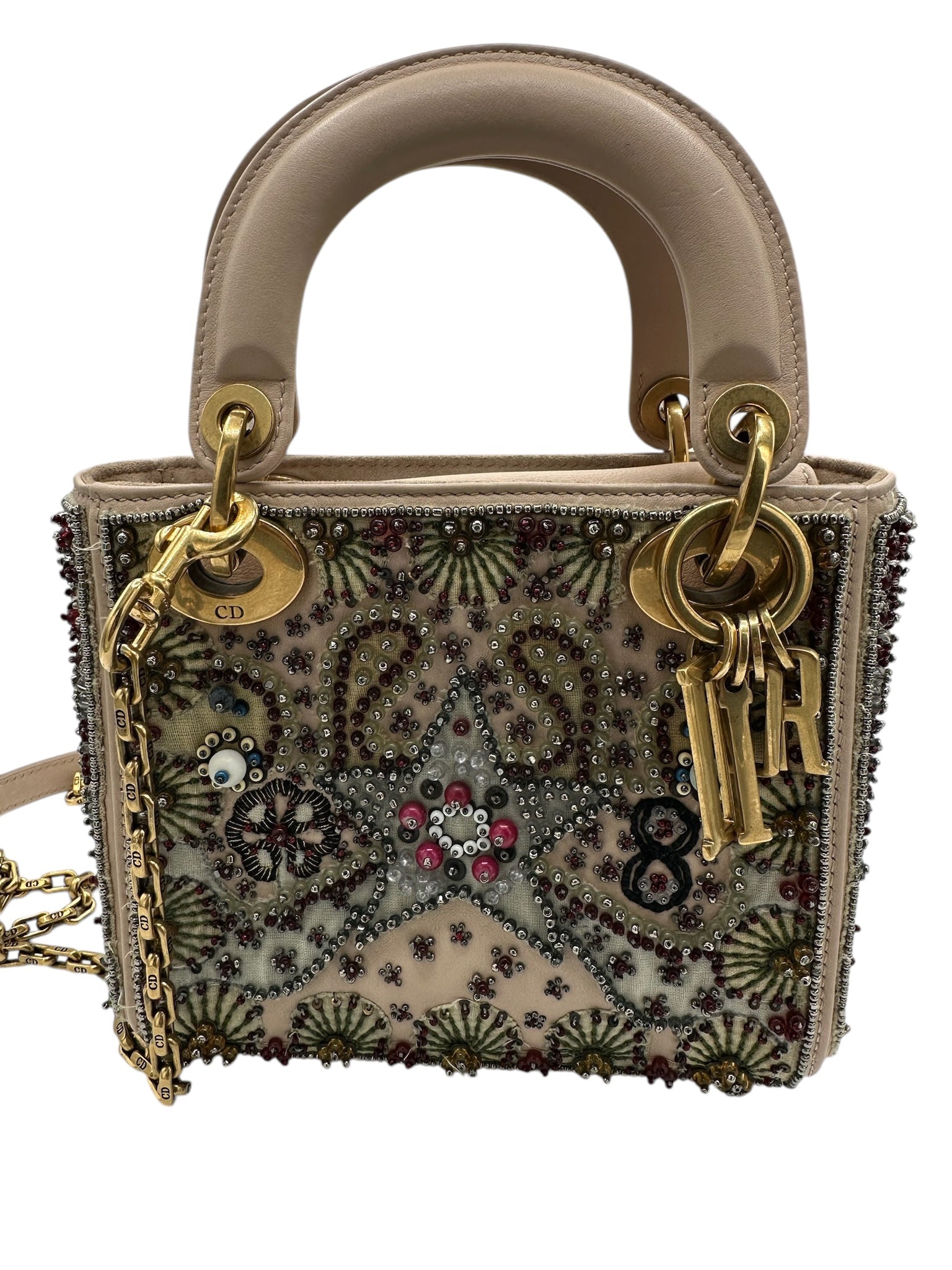 Bolso bandolera mini Lady Dior multicolor beige de piel de becerro con cuentas USADO