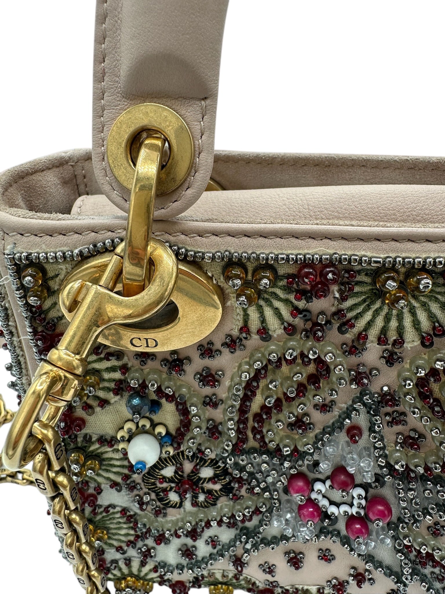 Bolso bandolera mini Lady Dior multicolor beige de piel de becerro con cuentas USADO