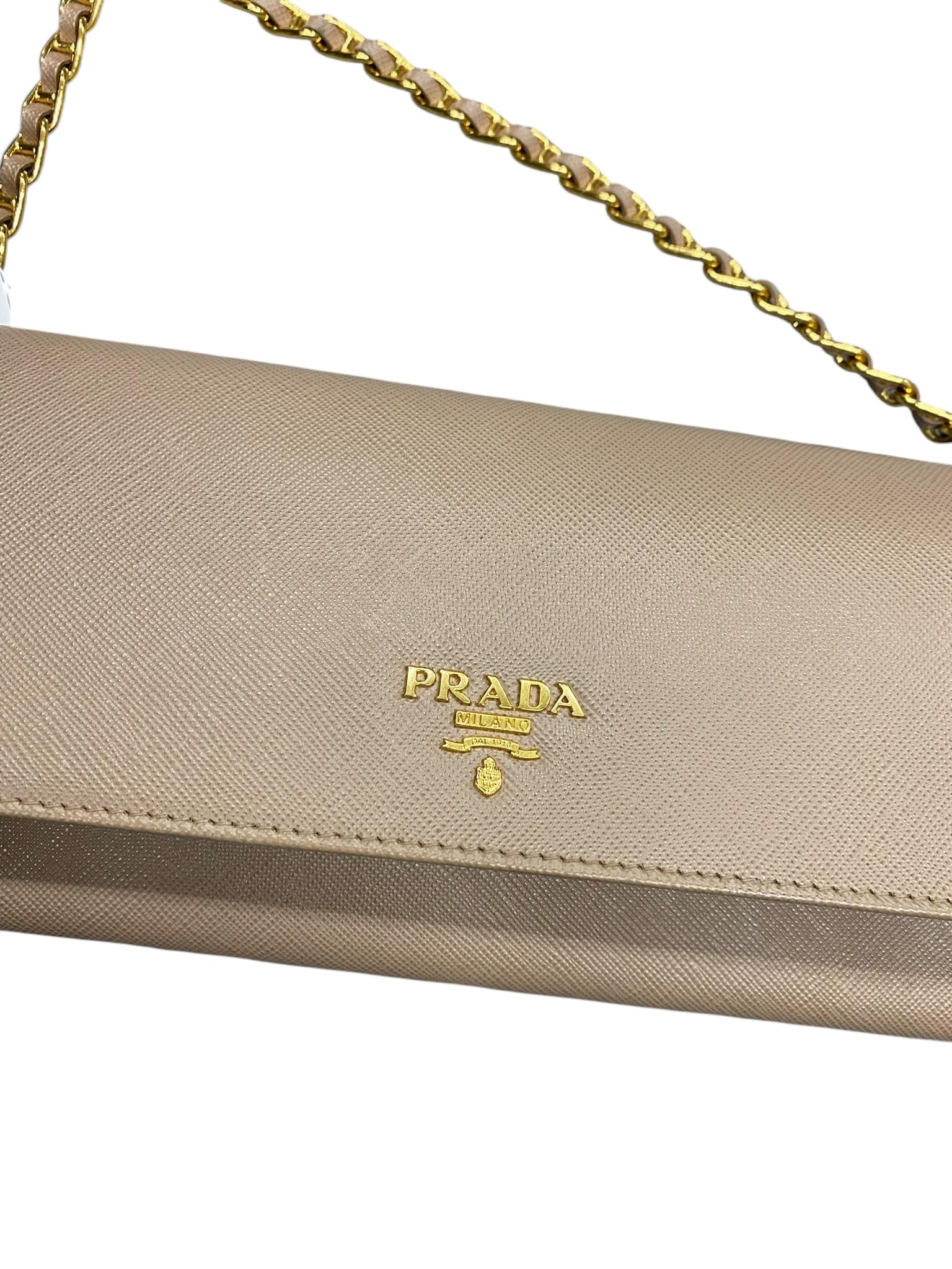 PRE-OWNED Saffiano Metal Oro Wallet on a Chain Cammeo Crossbody Bag