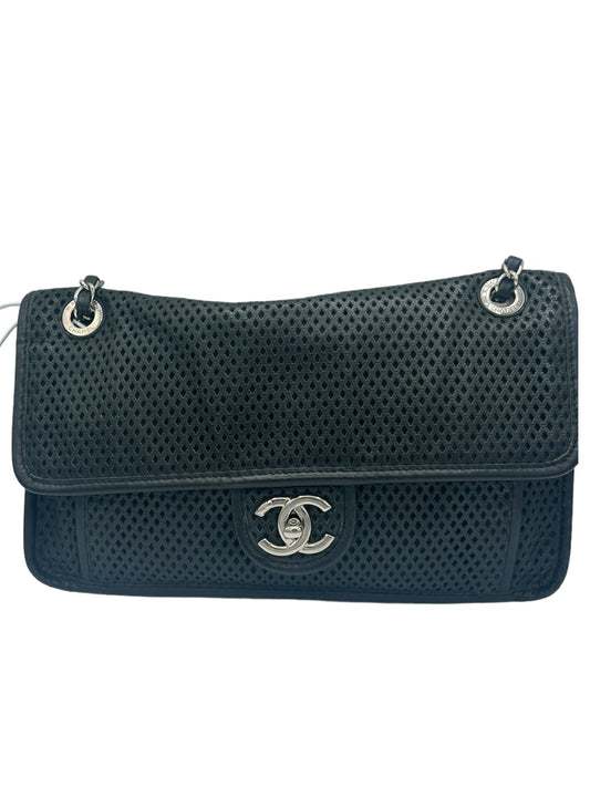 CHANEL - Black Perforated Leather Up in the Air Shoulder Bag Flap