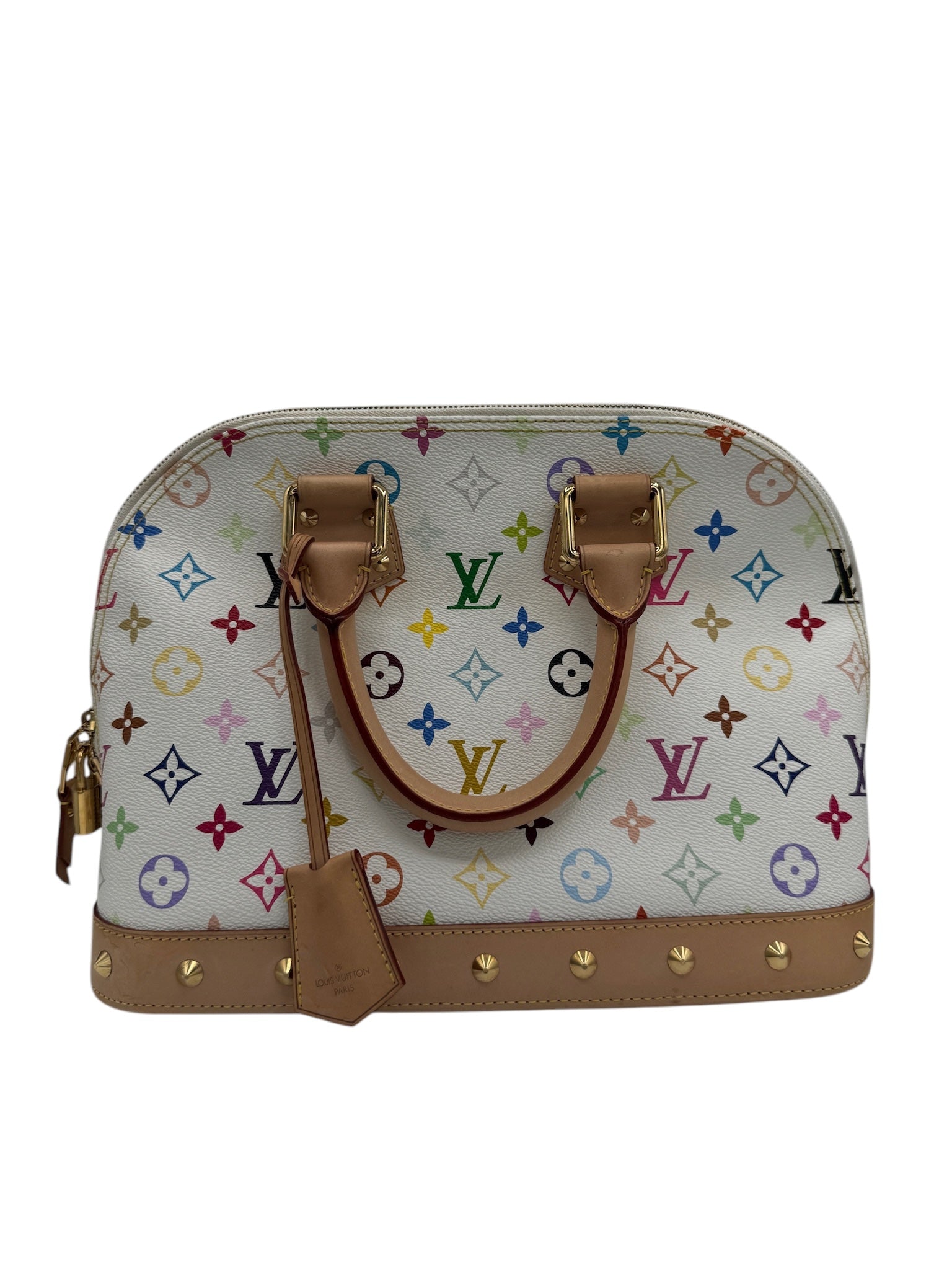 PRE-OWNED LV Alma PM White Multicolor Canvas Tote Bag
