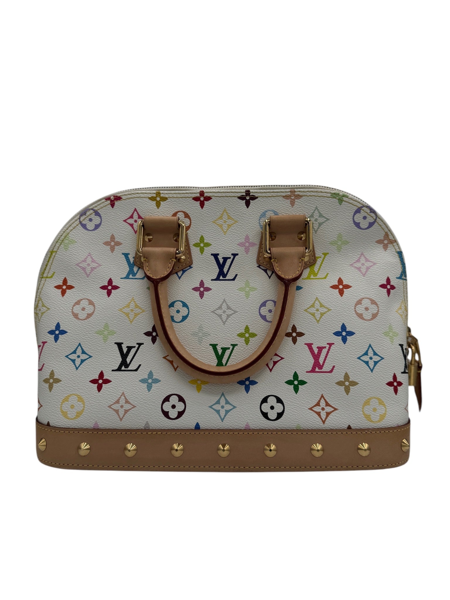 PRE-OWNED LV Alma PM White Multicolor Canvas Tote Bag