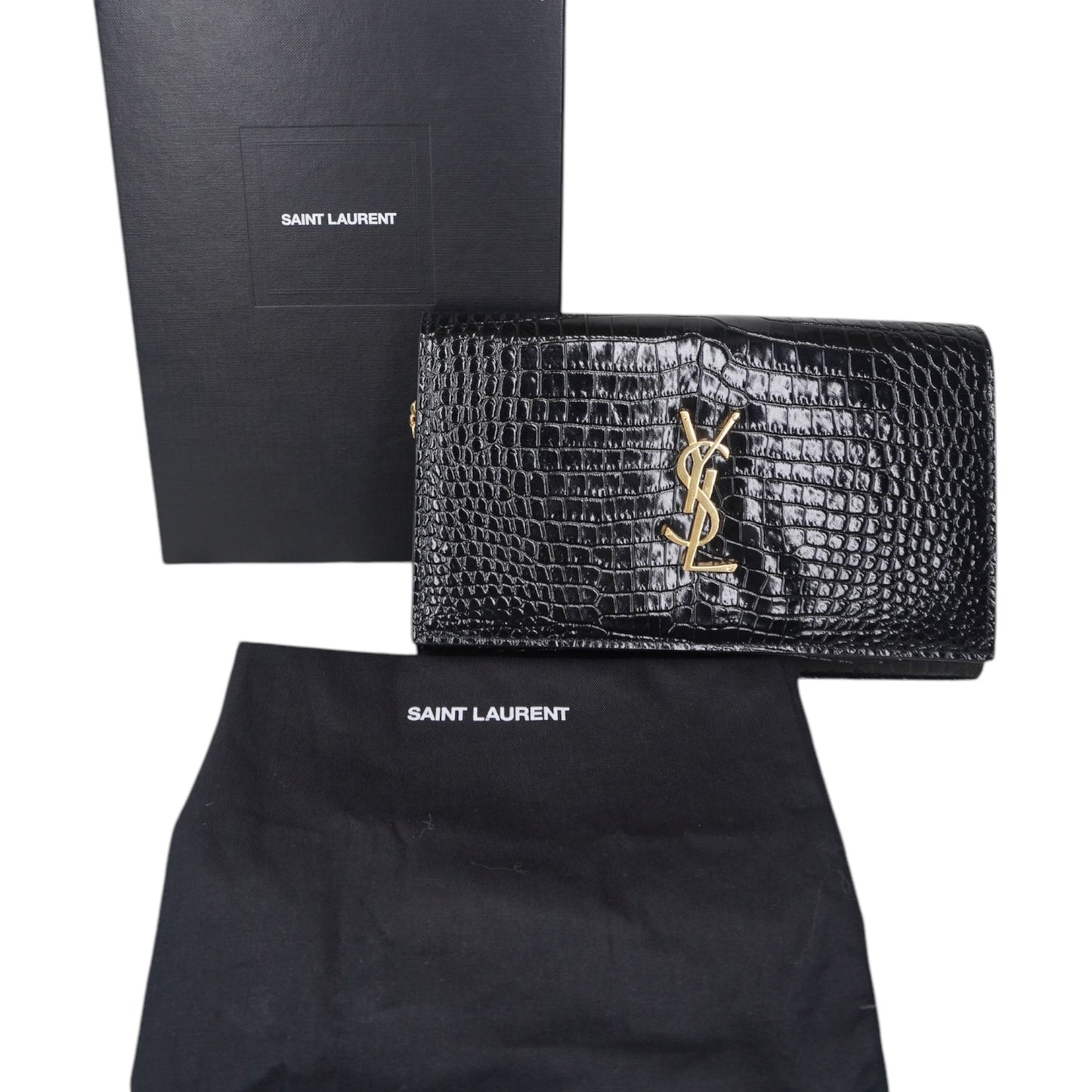 PRE-OWNED YSL Cassandre Embossed Black Wallet on a Chain Crossbody Bag