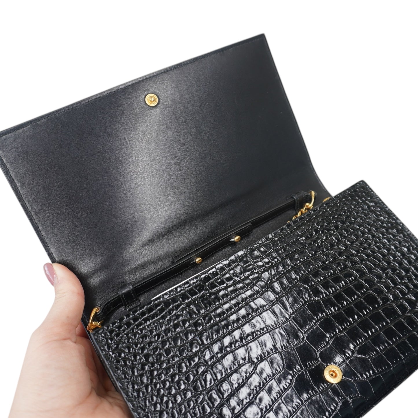 PRE-OWNED YSL Cassandre Embossed Black Wallet on a Chain Crossbody Bag