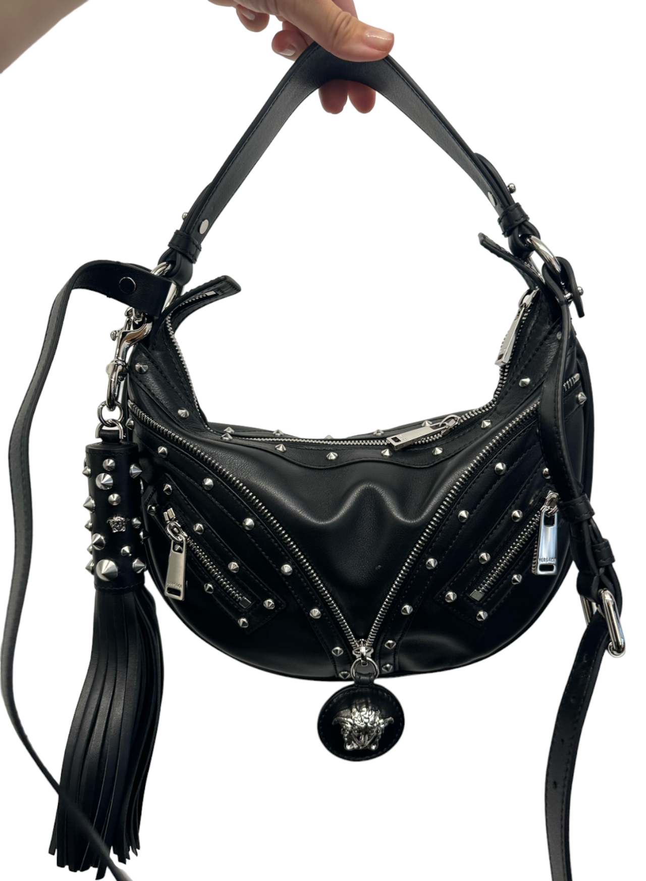 VERSACE - Black Studded Calfskin Small Medusa Repeat Hobo