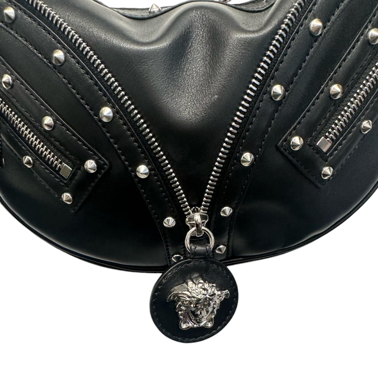 VERSACE - Black Studded Calfskin Small Medusa Repeat Hobo