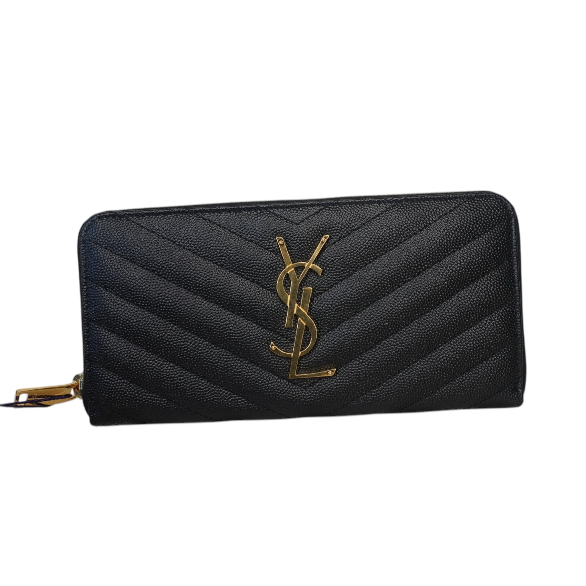 PRE-OWNED YSL Monogram Rounded Zip Wallet Black Matelasse