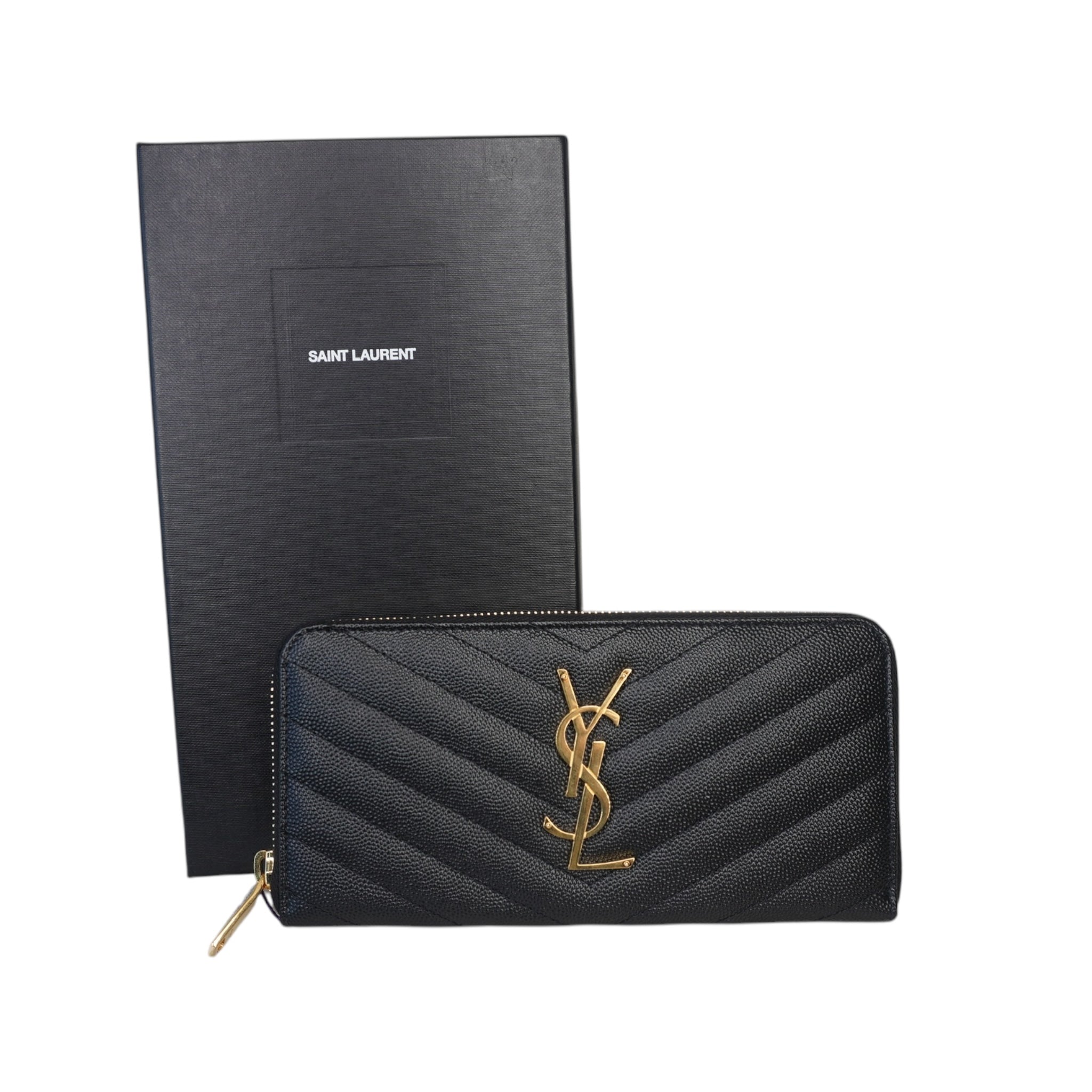 PRE-OWNED YSL Monogram Rounded Zip Wallet Black Matelasse