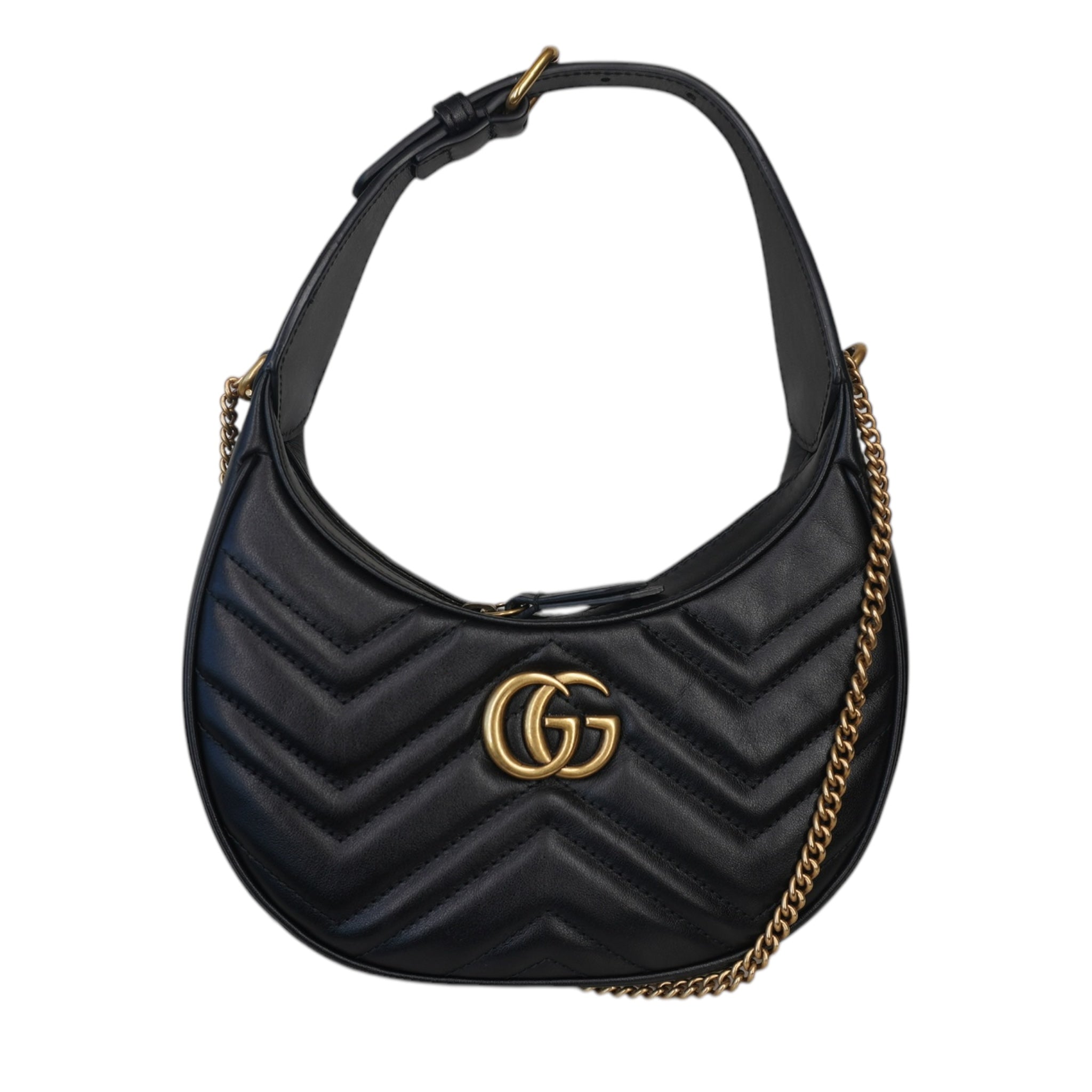 Bolso de hombro tipo hobo GG Marmont Half Moon Matelasse con estampado GG Chevron negro de segunda mano