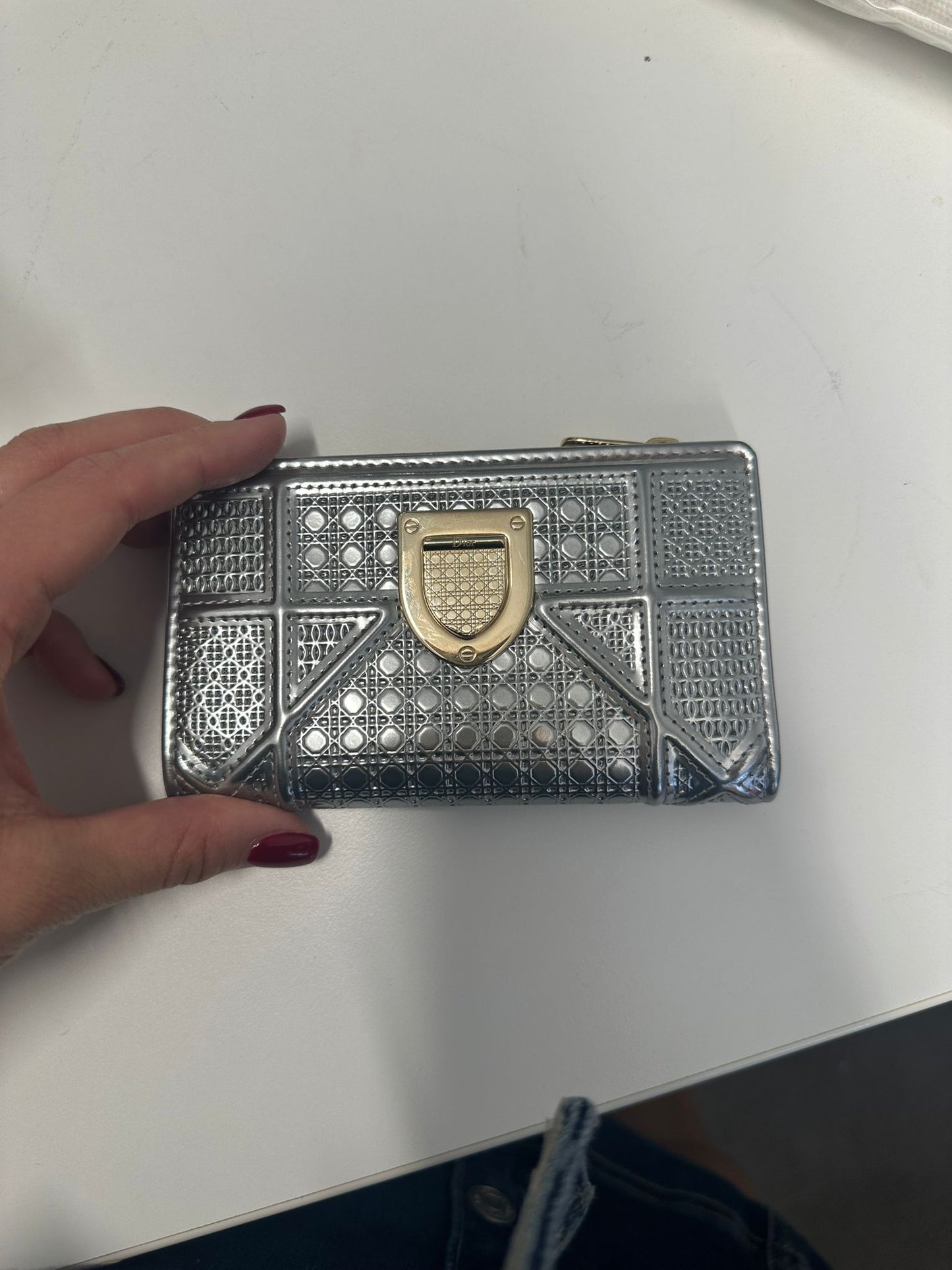 DIOR - Silver Micro Cannage Patent Leather Diorama Wallet