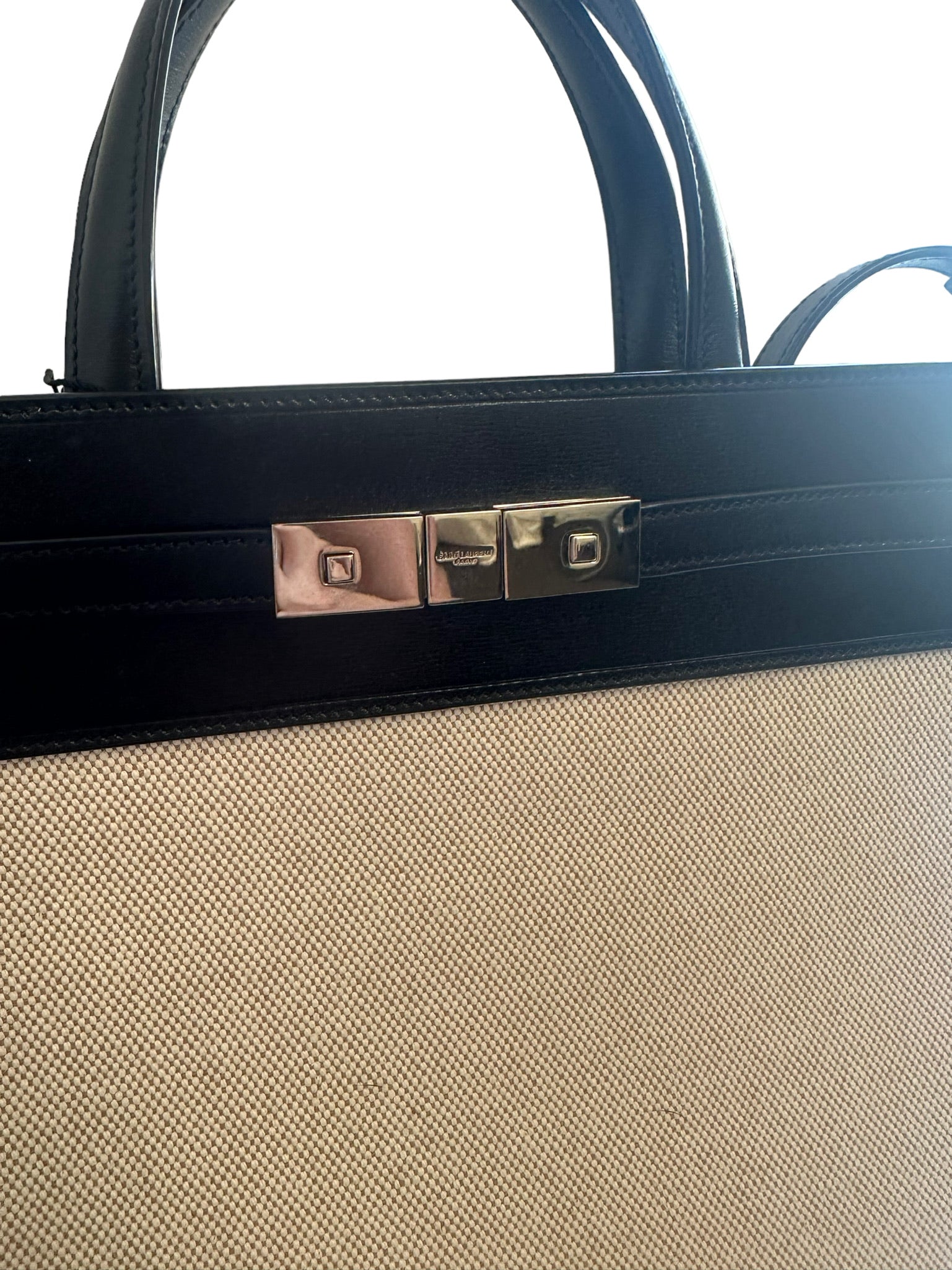 SAINT LAURENT - Beige Canvas & Black Calfskin Small Manhattan Tote