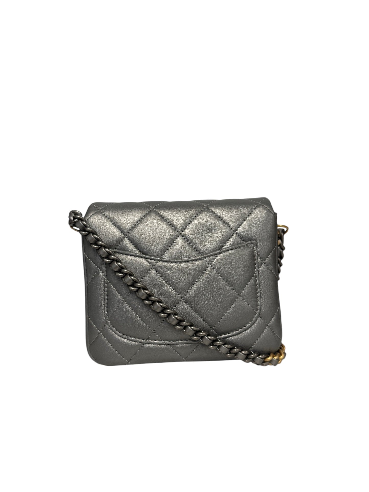 PRE-OWNED CC Grey Metallic Quilted Lambskin Mini Side Note Flap Bag