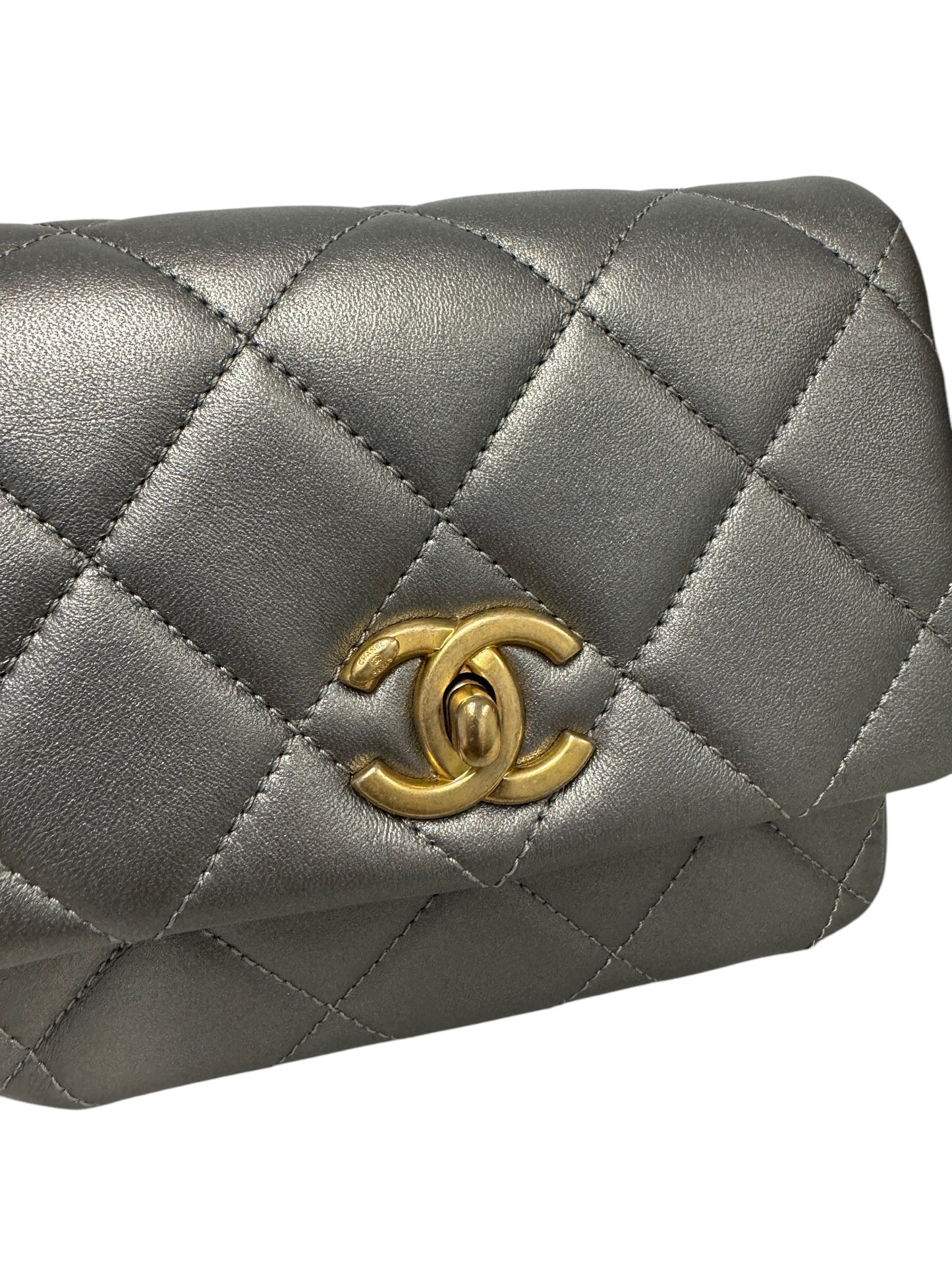 PRE-OWNED CC Grey Metallic Quilted Lambskin Mini Side Note Flap Bag