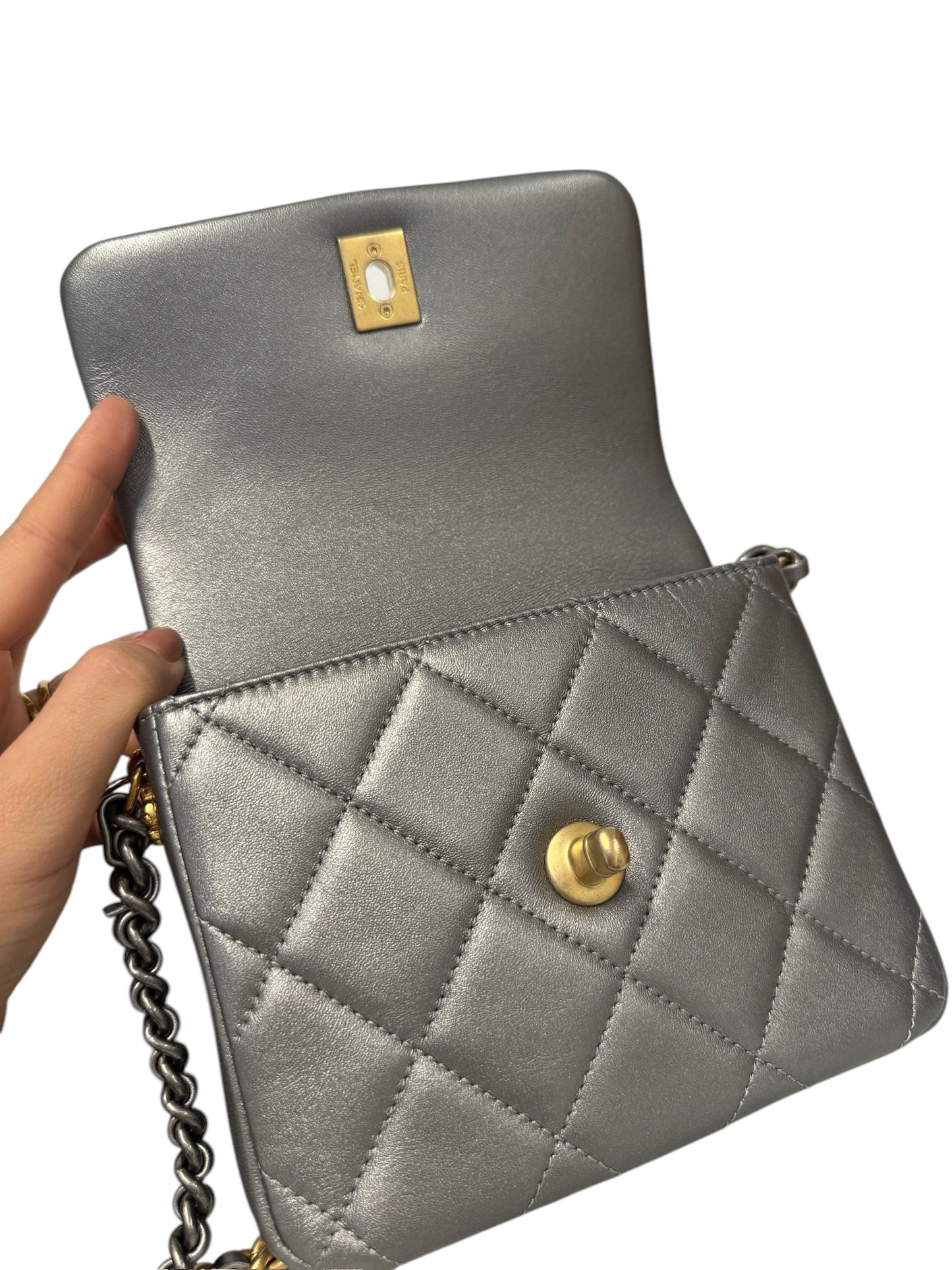 PRE-OWNED CC Grey Metallic Quilted Lambskin Mini Side Note Flap Bag