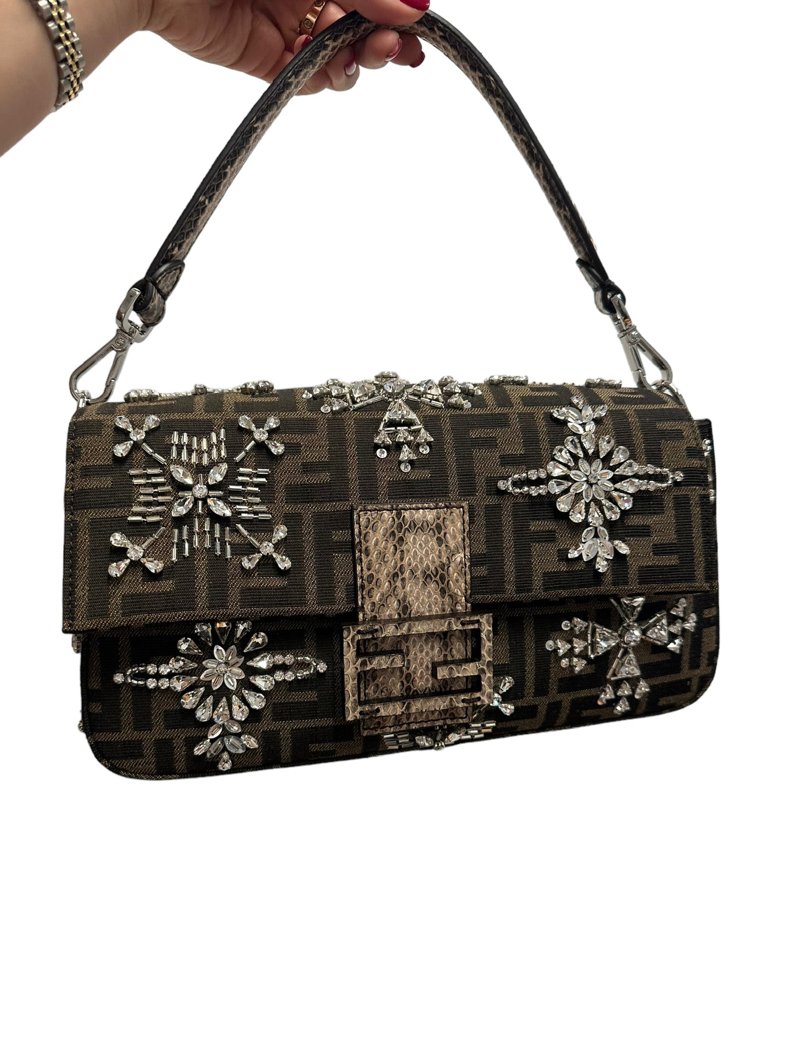 FENDI - Brown Zucca Canvas Emebellished Re-Edition Baguette