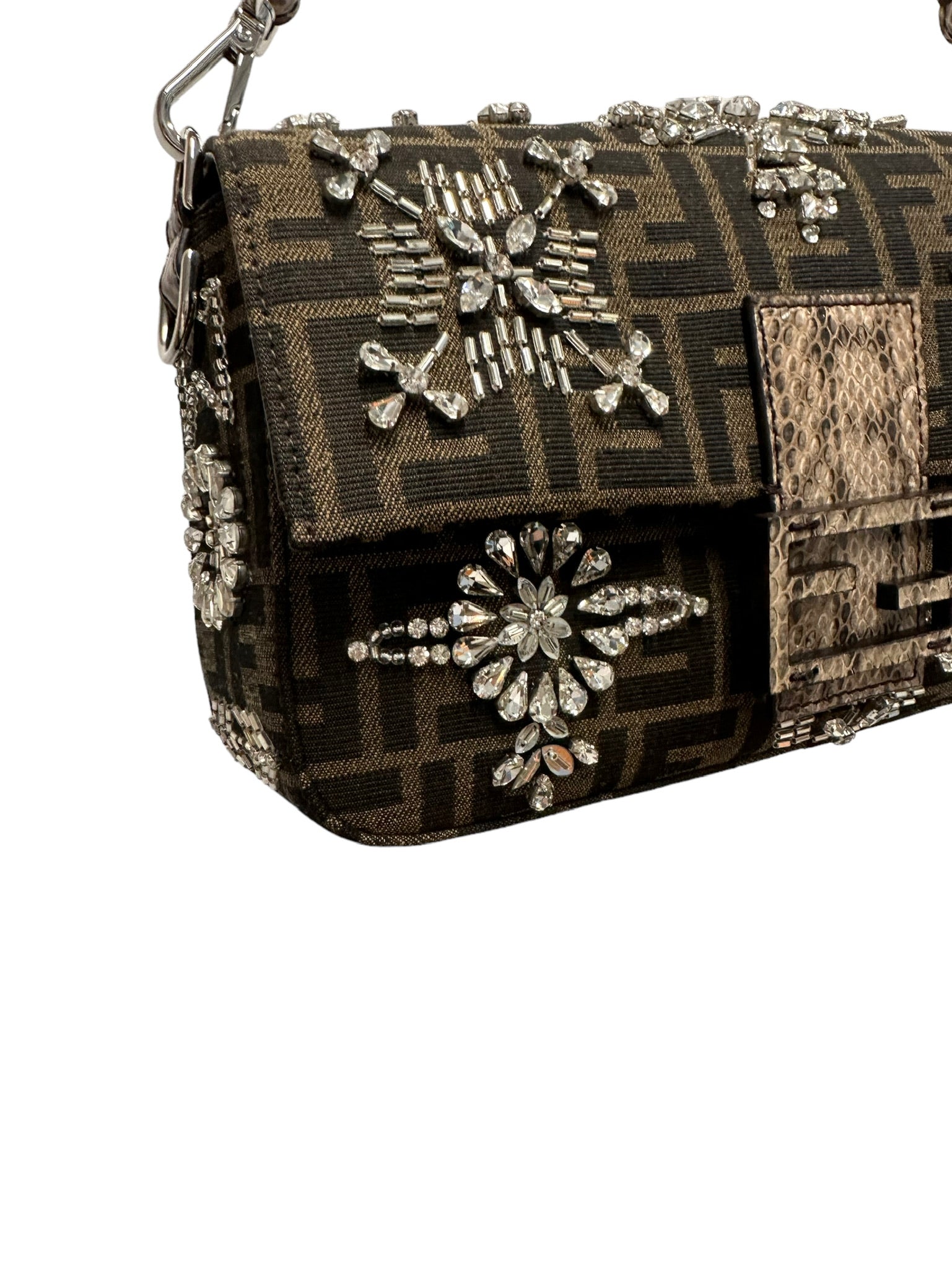 FENDI - Brown Zucca Canvas Emebellished Re-Edition Baguette