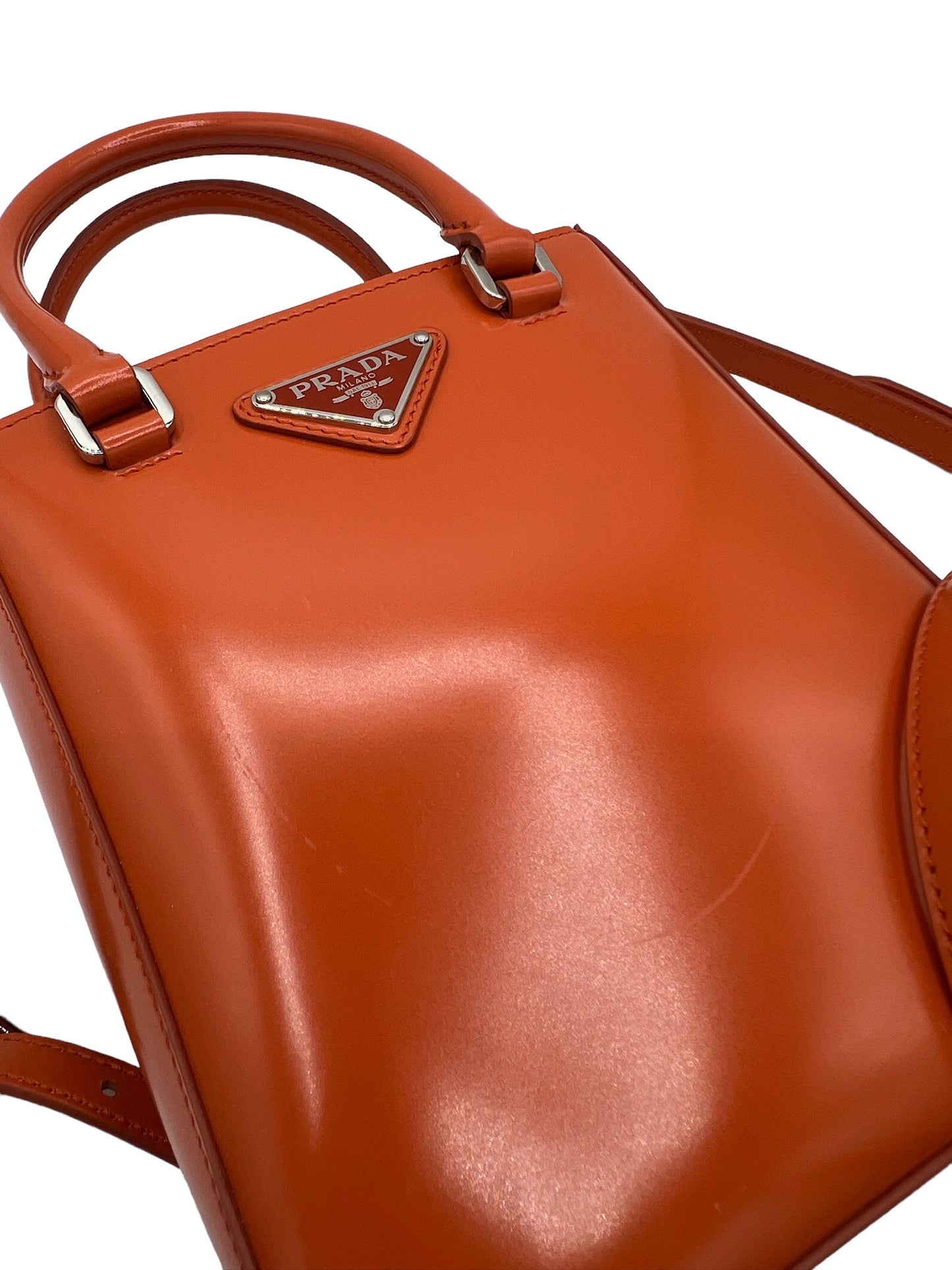 PRADA - Orange Small Brushed Crossbody Tote Bag