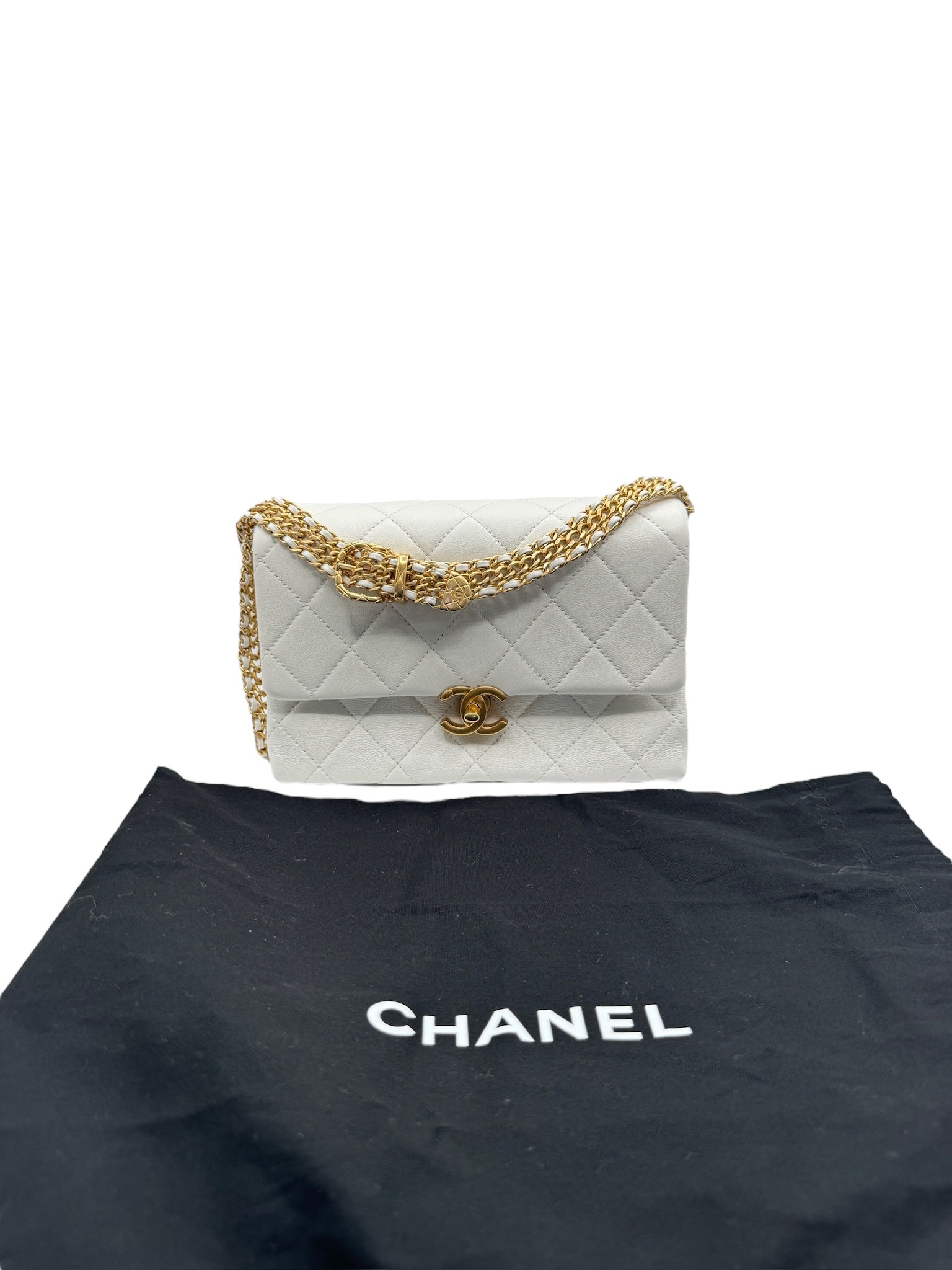Bolso CC de piel de becerro blanca con hombros envejecidos y herrajes dorados