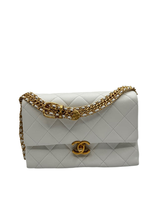 PRE-OWNED CC White Calfskin Shoulder Aged Gold Hardware