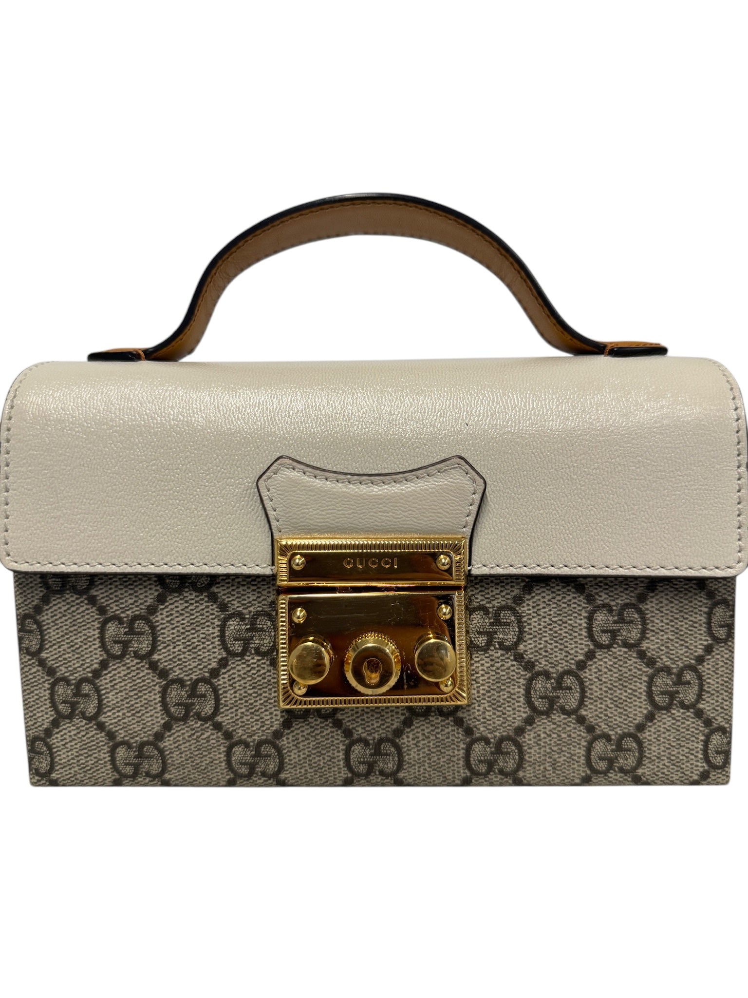 Bolso de mano Supreme de lona blanca y beige con candado en miniatura GG de segunda mano