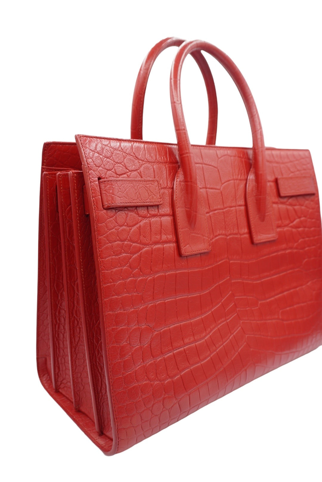 SAINT LAURENT - Small Red Crocodile Embossed Classic Sac de Jour Tote