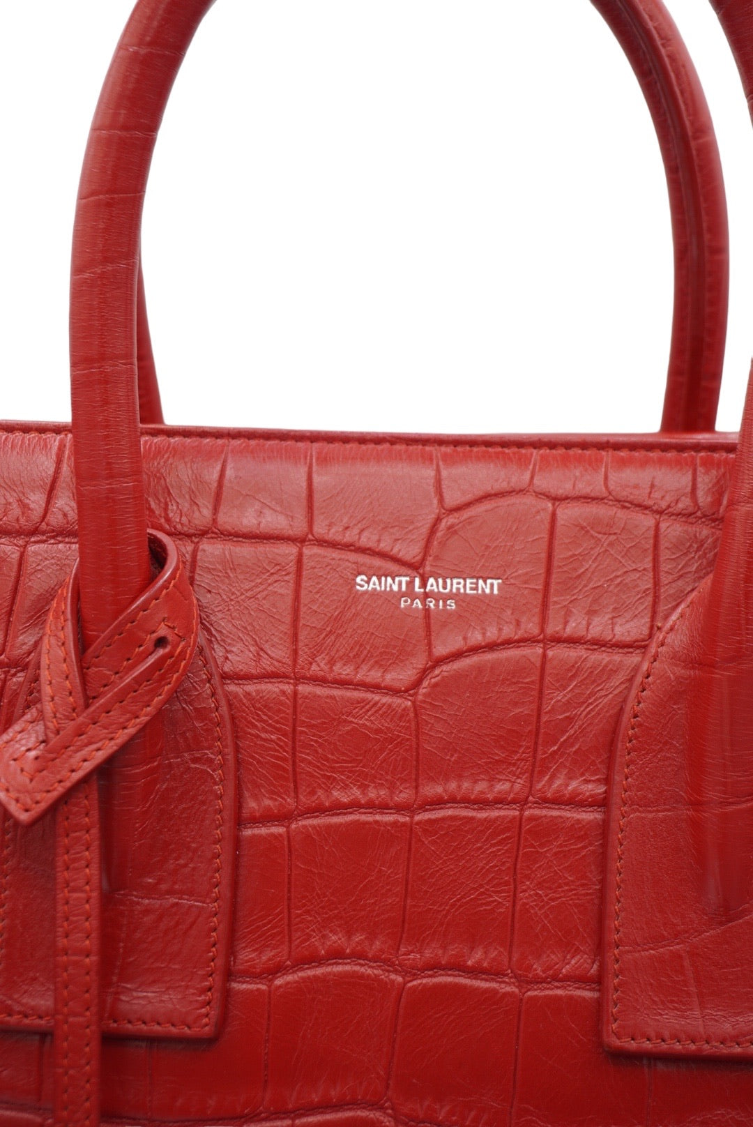 SAINT LAURENT - Small Red Crocodile Embossed Classic Sac de Jour Tote