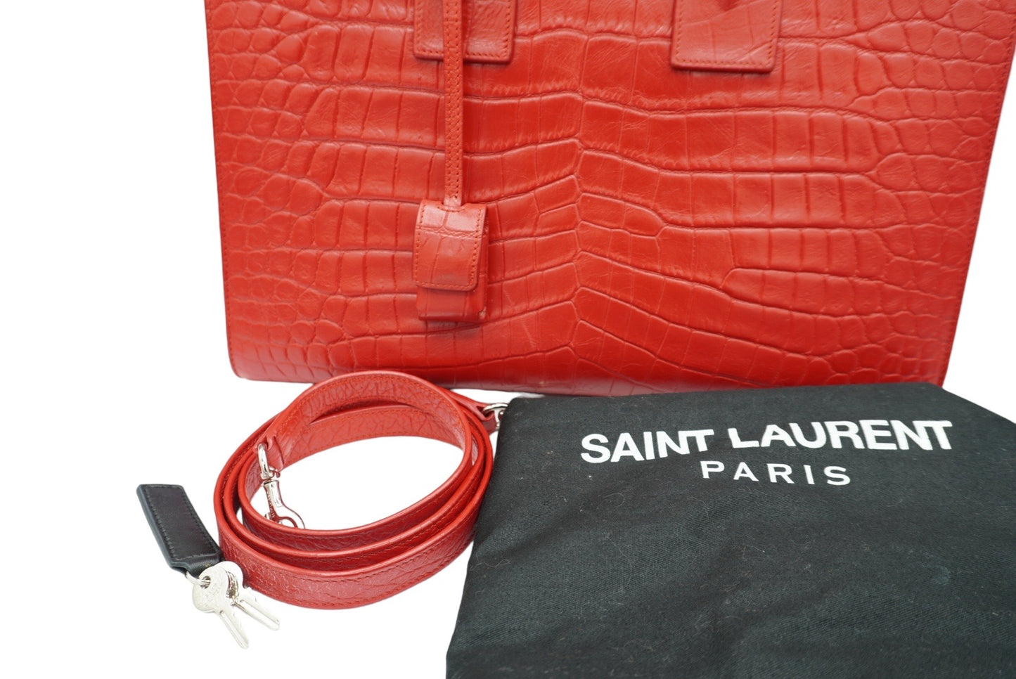 SAINT LAURENT - Small Red Crocodile Embossed Classic Sac de Jour Tote