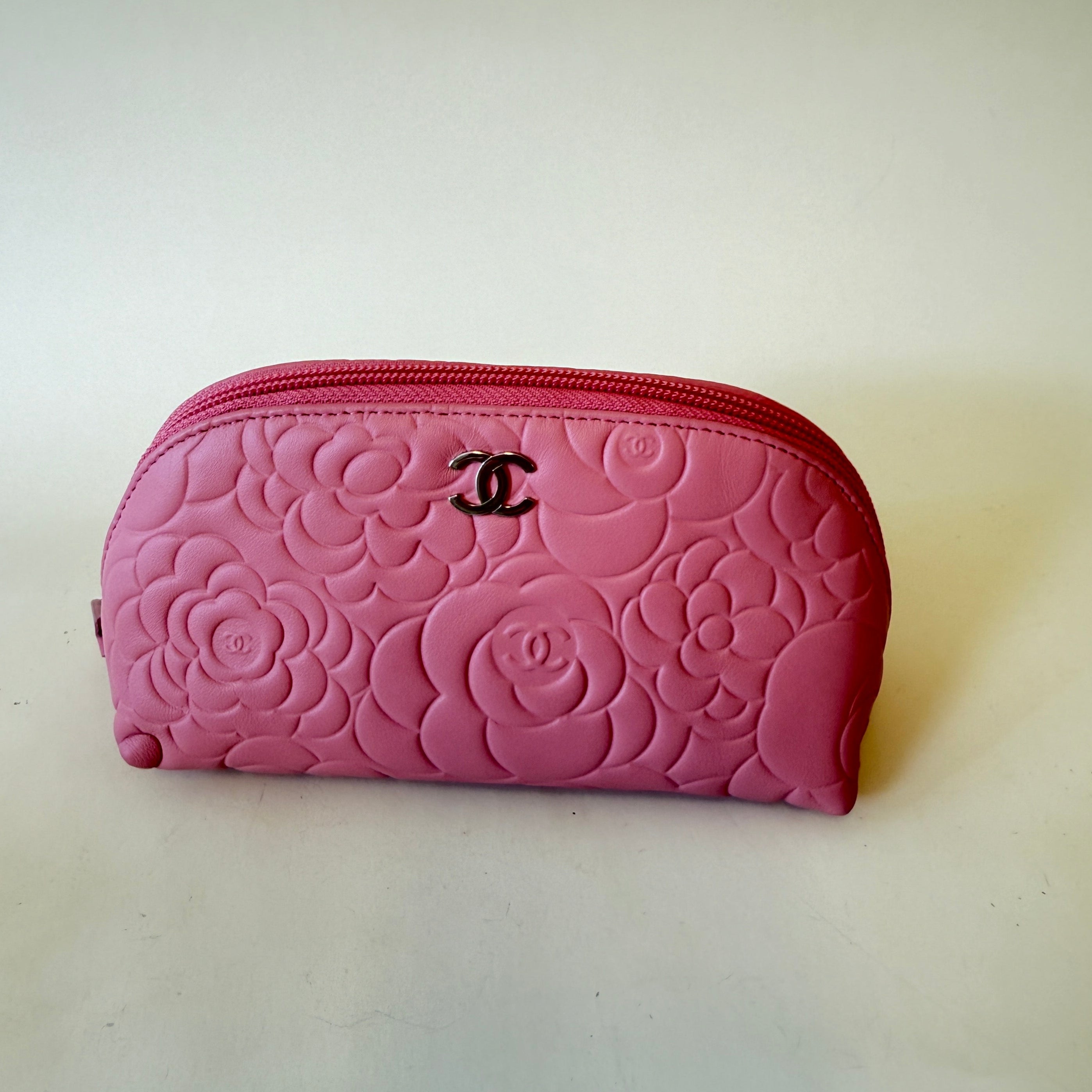 PRE-OWNED Lambskin Camellia Embossed Cosmetic Case Pink