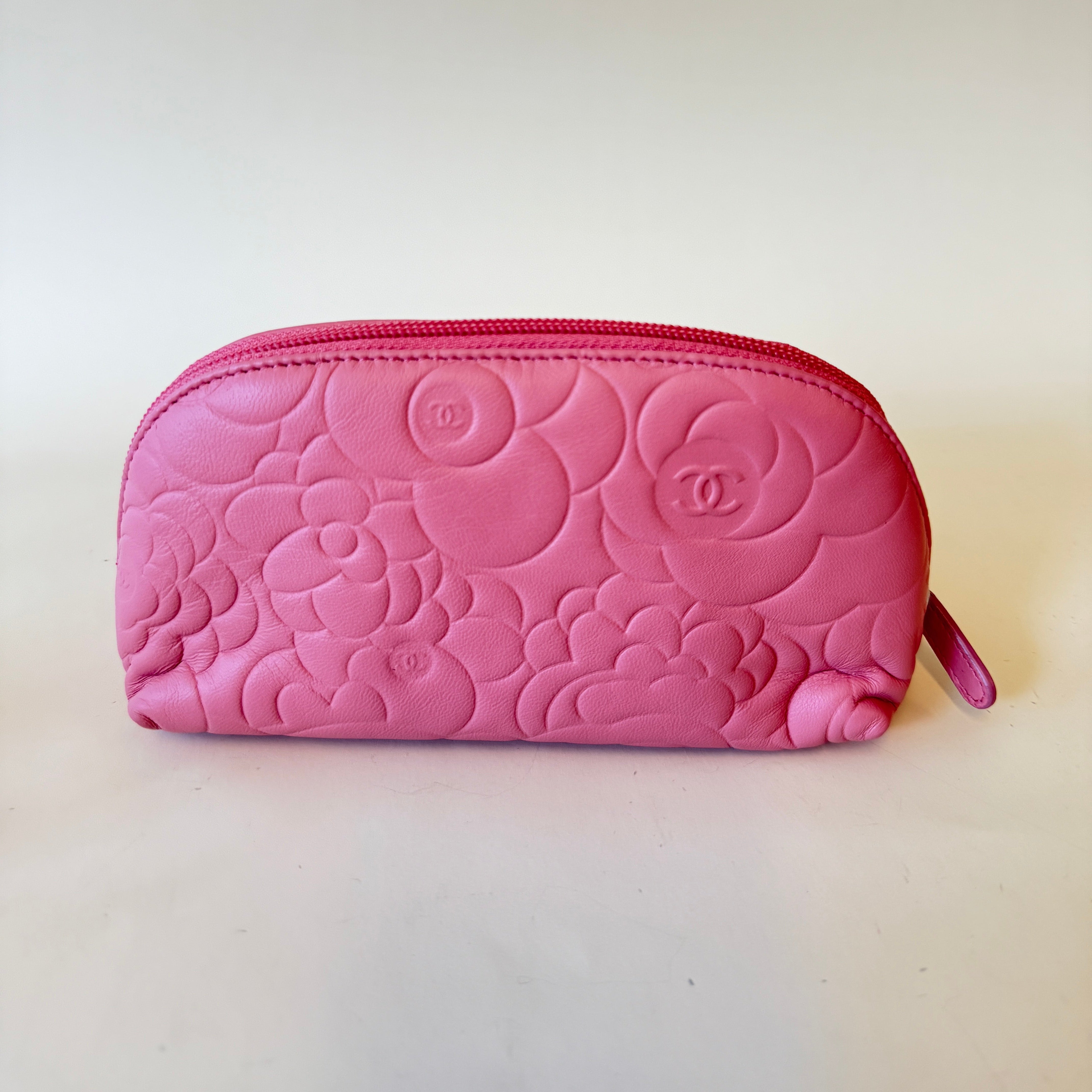 PRE-OWNED Lambskin Camellia Embossed Cosmetic Case Pink