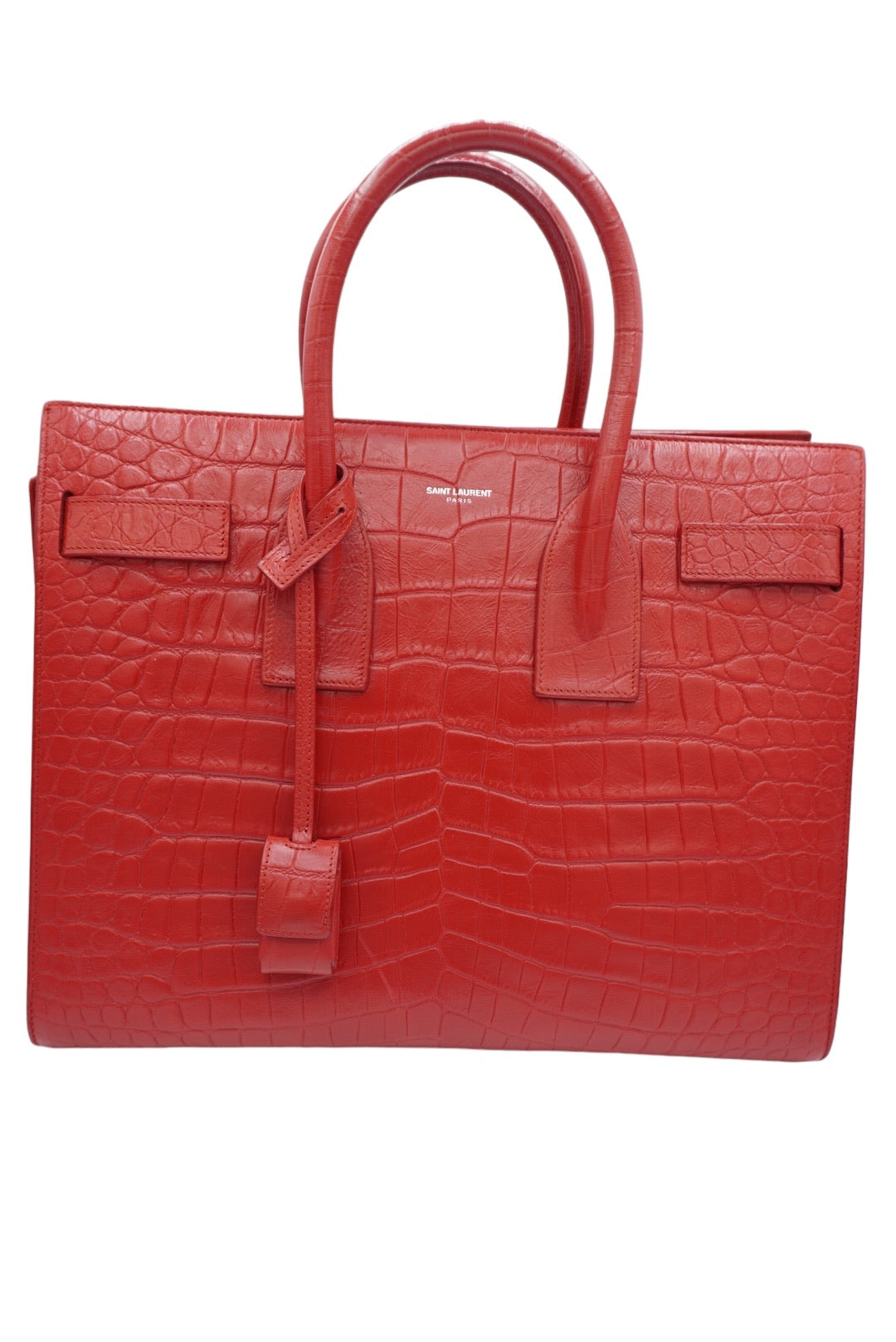 SAINT LAURENT - Small Red Crocodile Embossed Classic Sac de Jour Tote