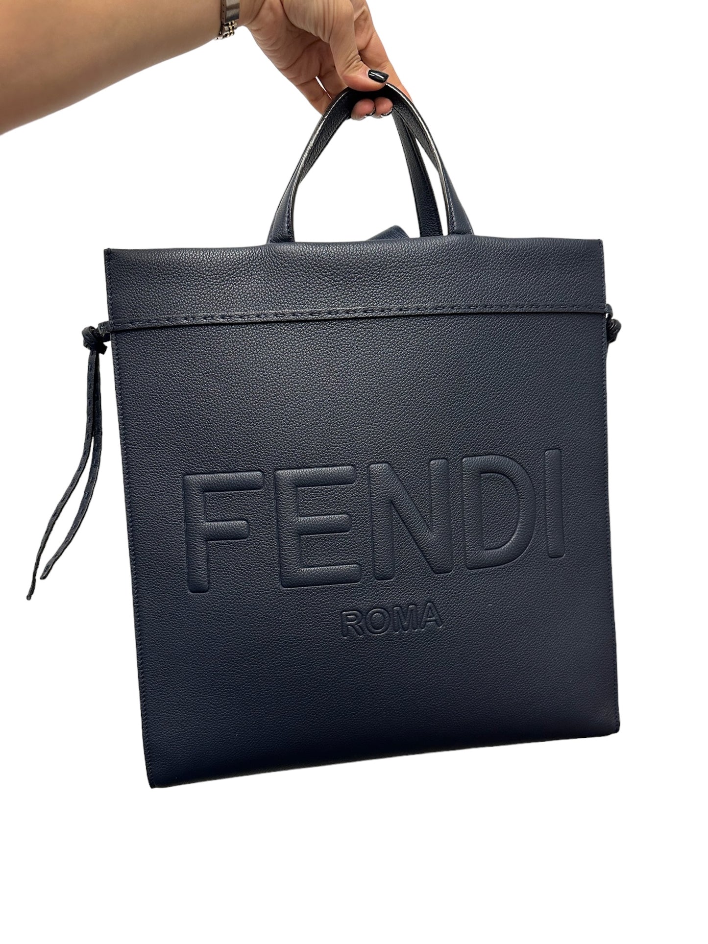 FENDI - Roma Dark Blue Grained Leather Medium Go To Shopper