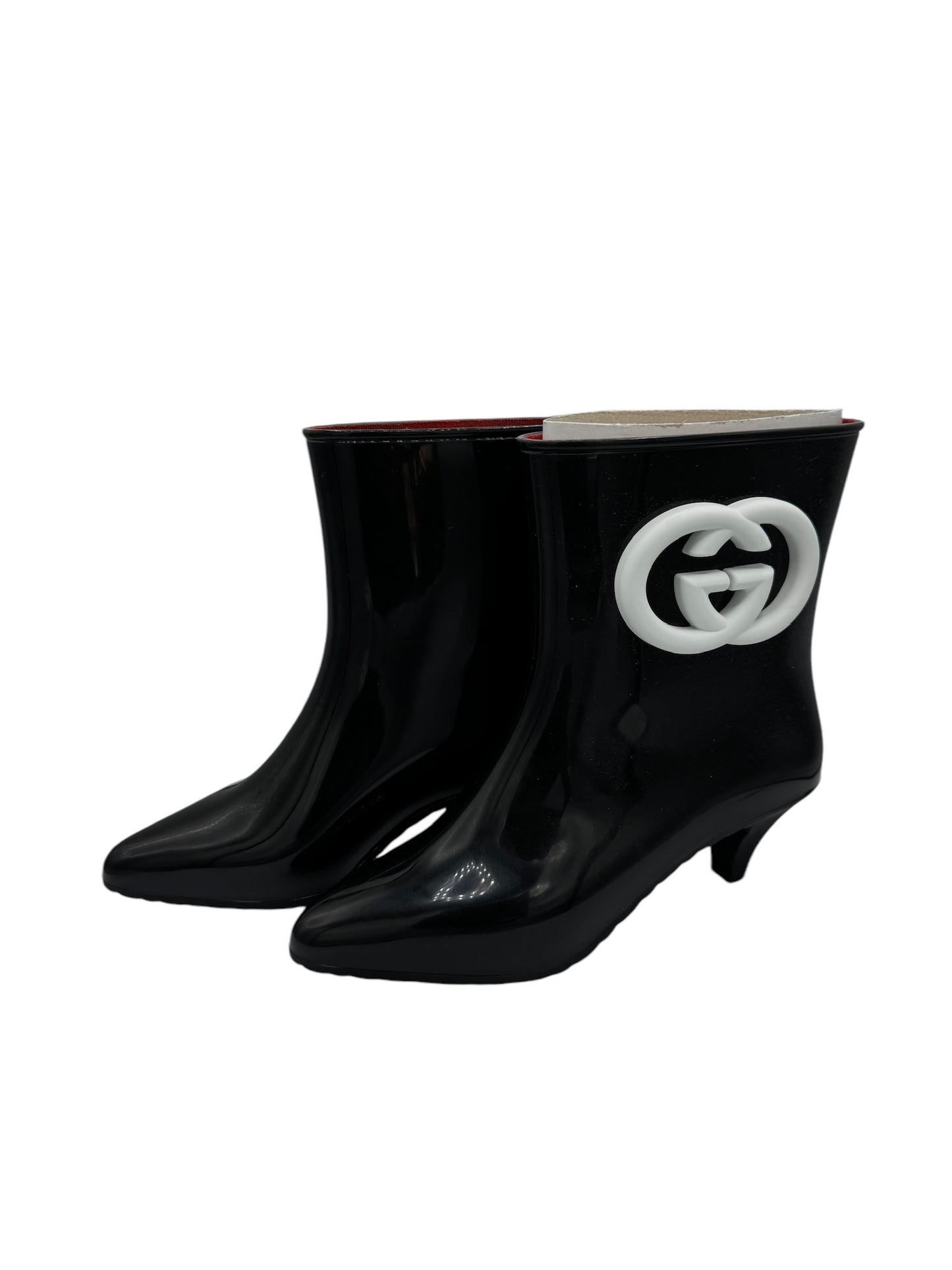 PRE-OWNED Black Interlocking GG Rubber Rain Boots