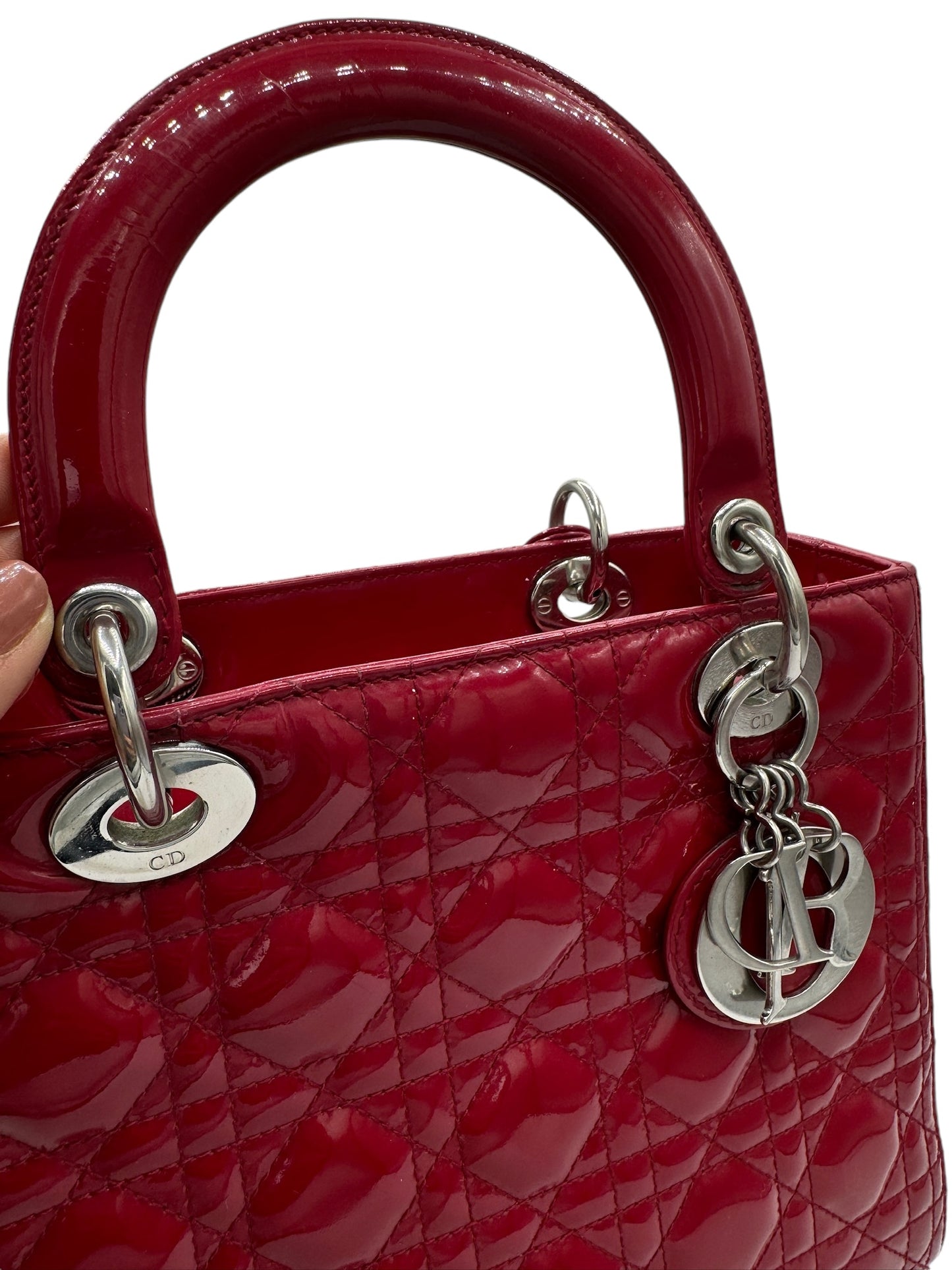 PRE-OWNED Lady Dior Medium Red Patent Leather Shoulder Bag