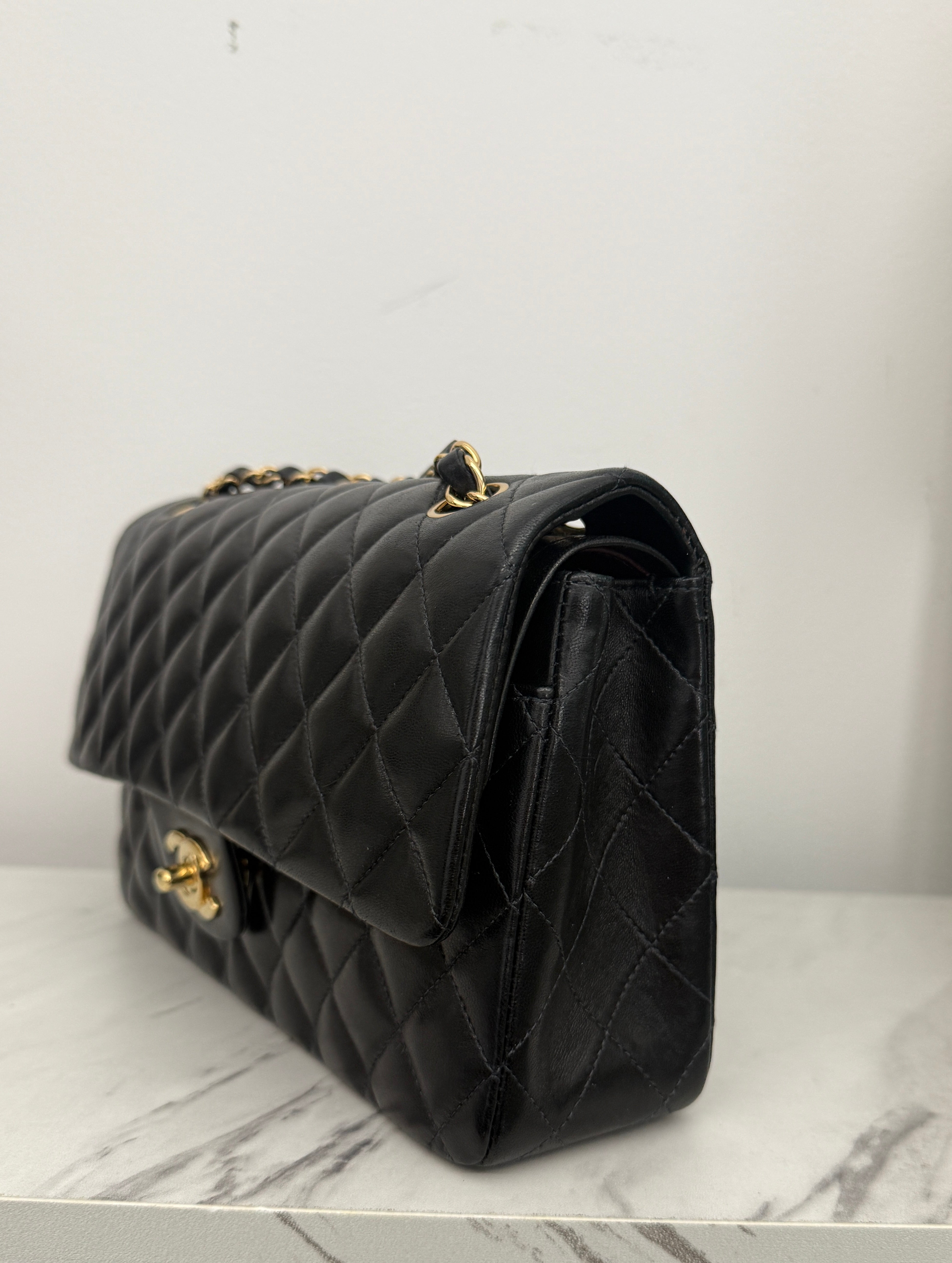 PRE-OWNED CC Vintage 24K Black Lambskin Quilted Medium Double Flap