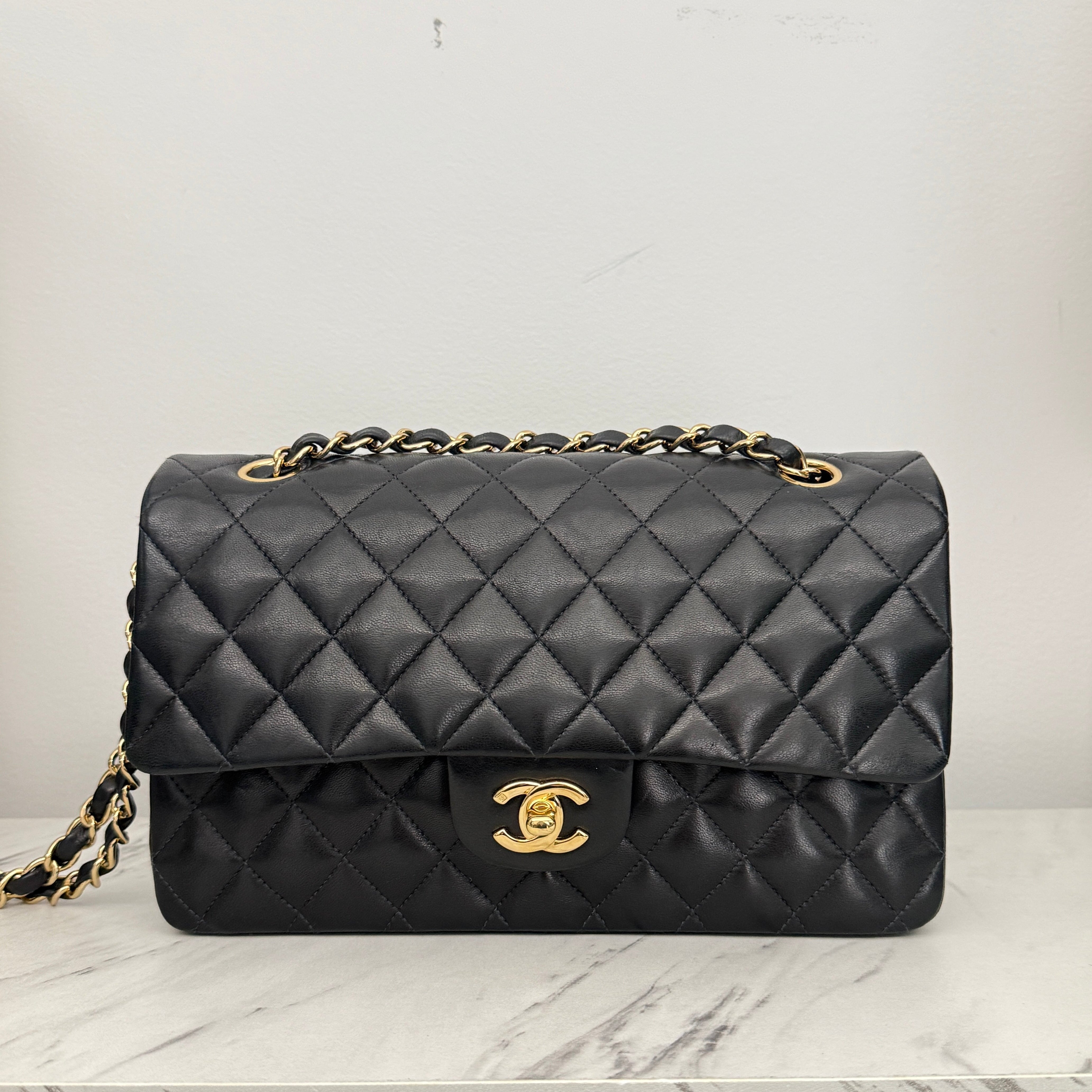 PRE-OWNED CC Vintage 24K Black Lambskin Quilted Medium Double Flap 