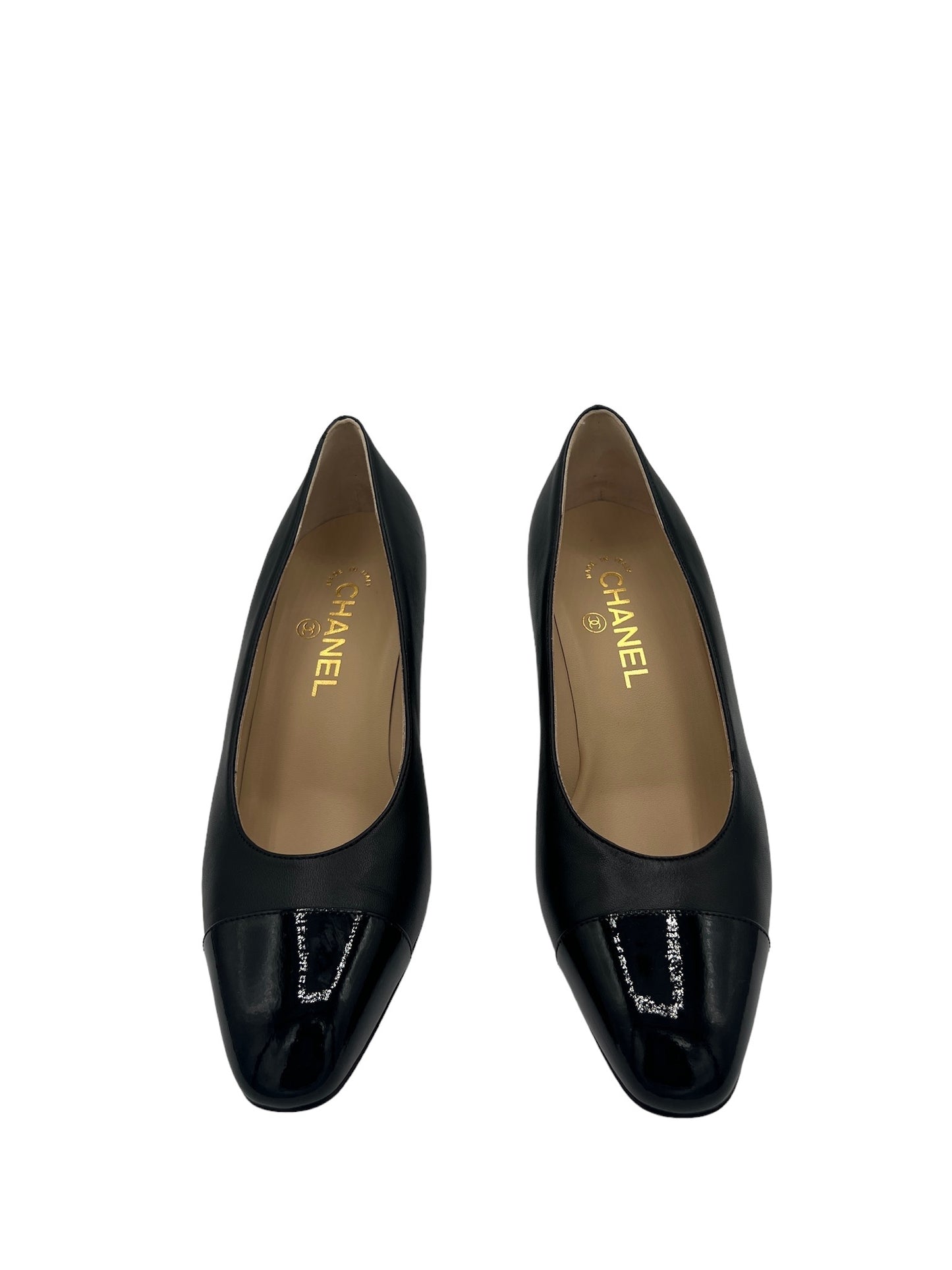 CHANEL - Size 37 1/2 Black Lambskin Patent Leather Pumps