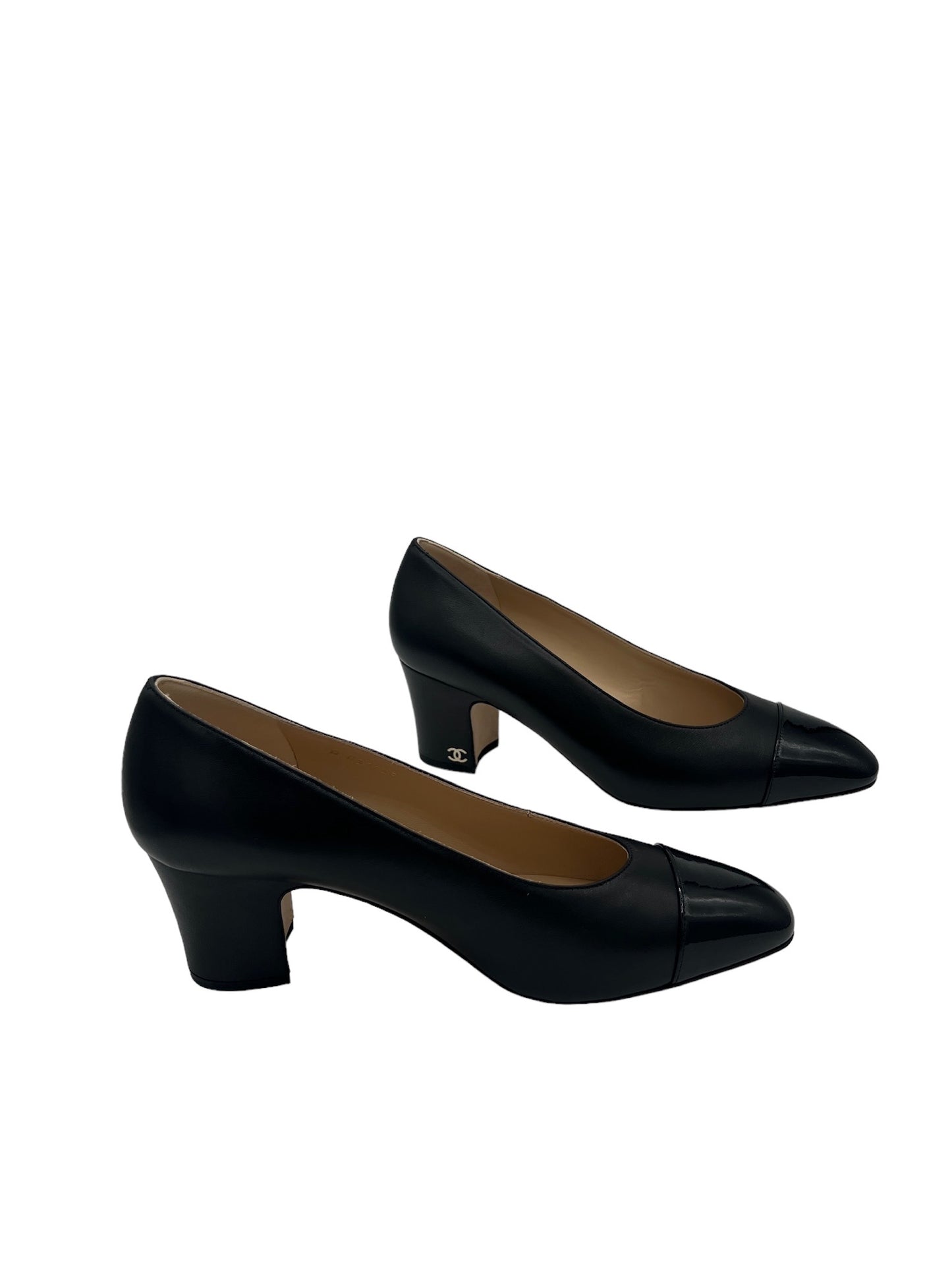 CHANEL - Size 37 1/2 Black Lambskin Patent Leather Pumps