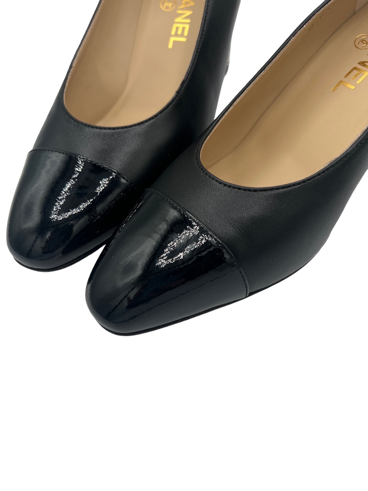 CHANEL - Size 37 1/2 Black Lambskin Patent Leather Pumps