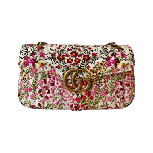 PRE-OWNED Cotton Calfskin Matelasse Floral Print Small GG Marmont Shoulder Bag
