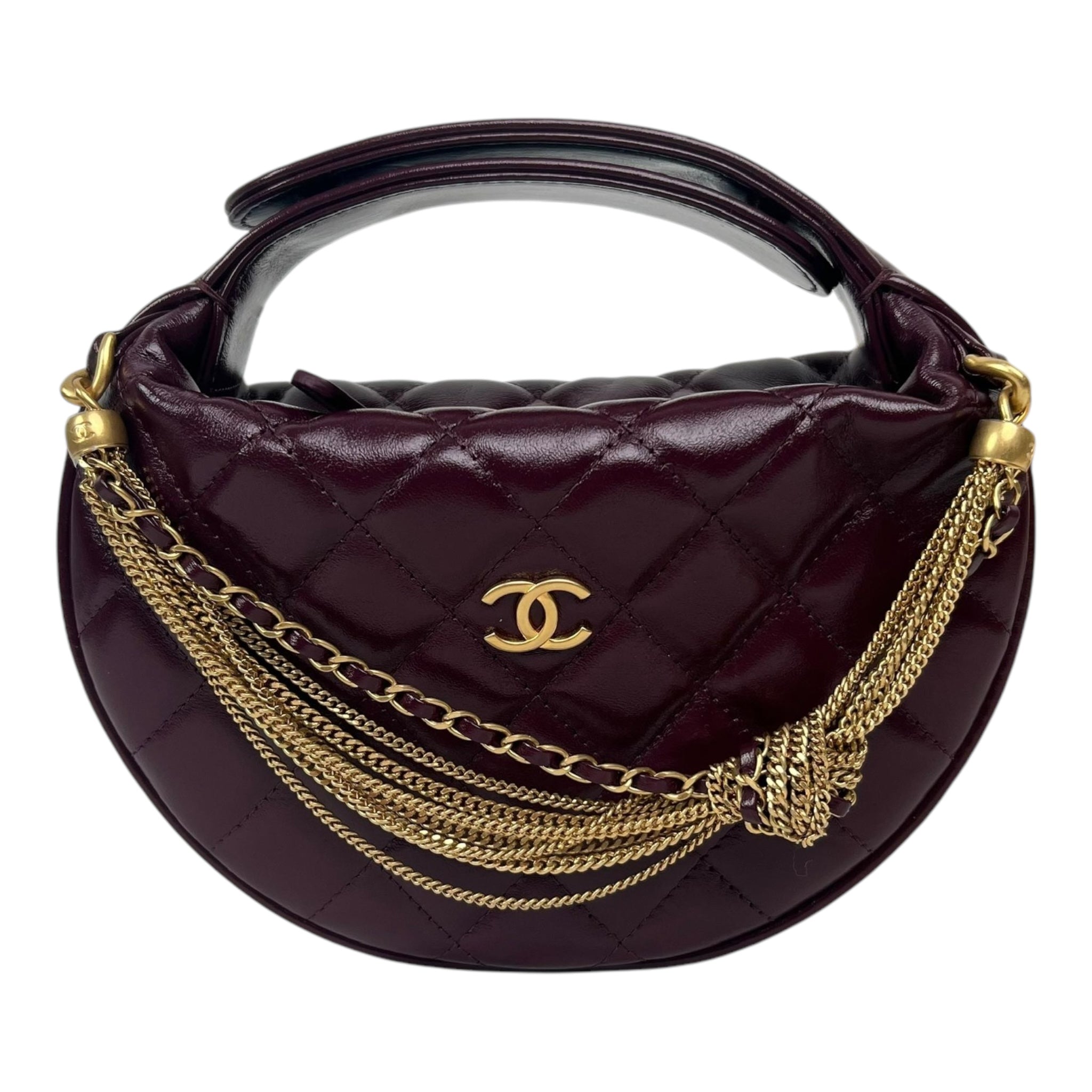 Bolso de mano CC con cadena CC de piel acolchada color burdeos USADO