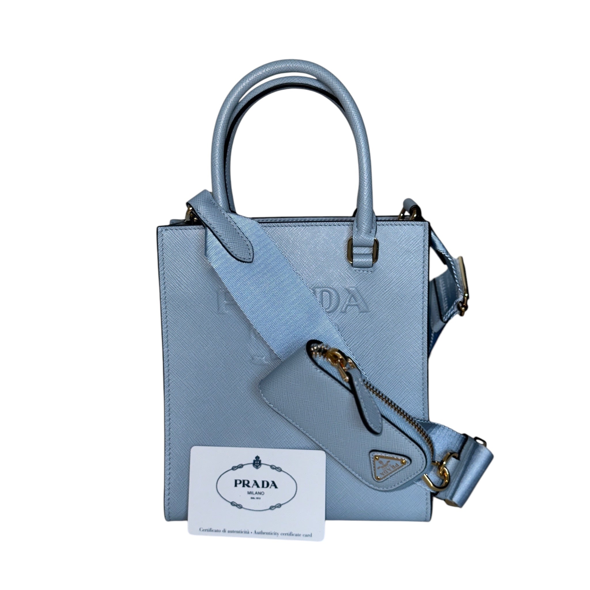 PRE-OWNED- Logo Embossed  Baby Blue Leather Tote Bag