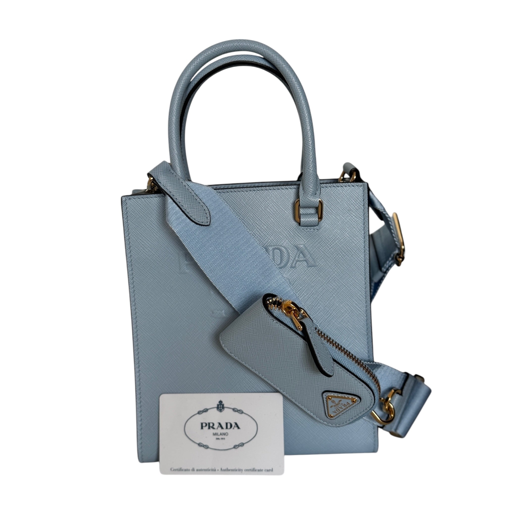 PRE-OWNED- Logo Embossed  Baby Blue Leather Tote Bag