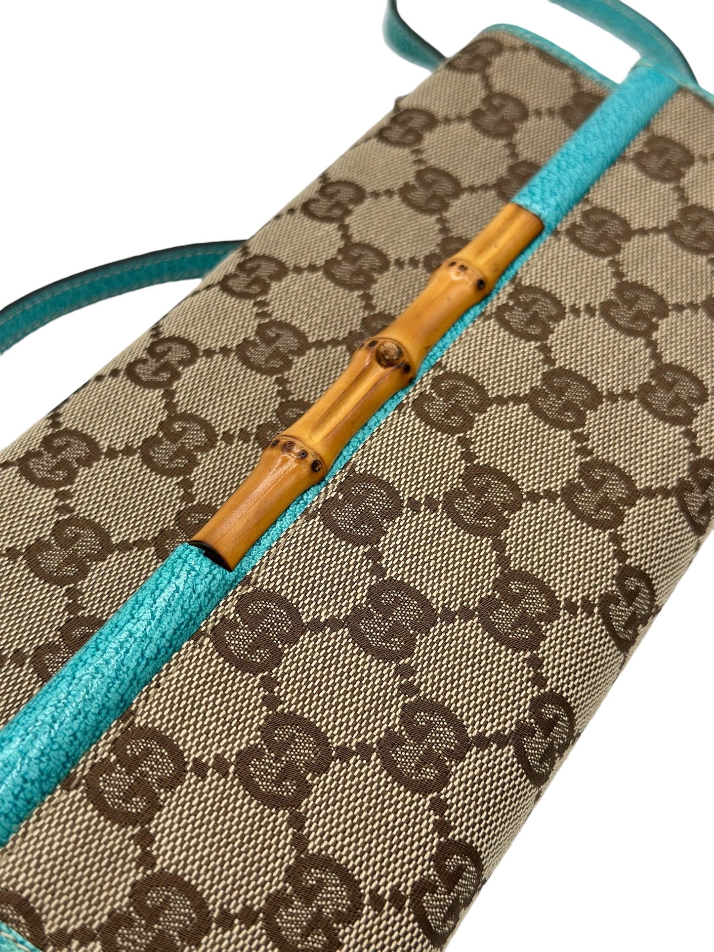 GUCCI - Monogram Bamboo Bar Clutch Turquoise Crossbody Bag