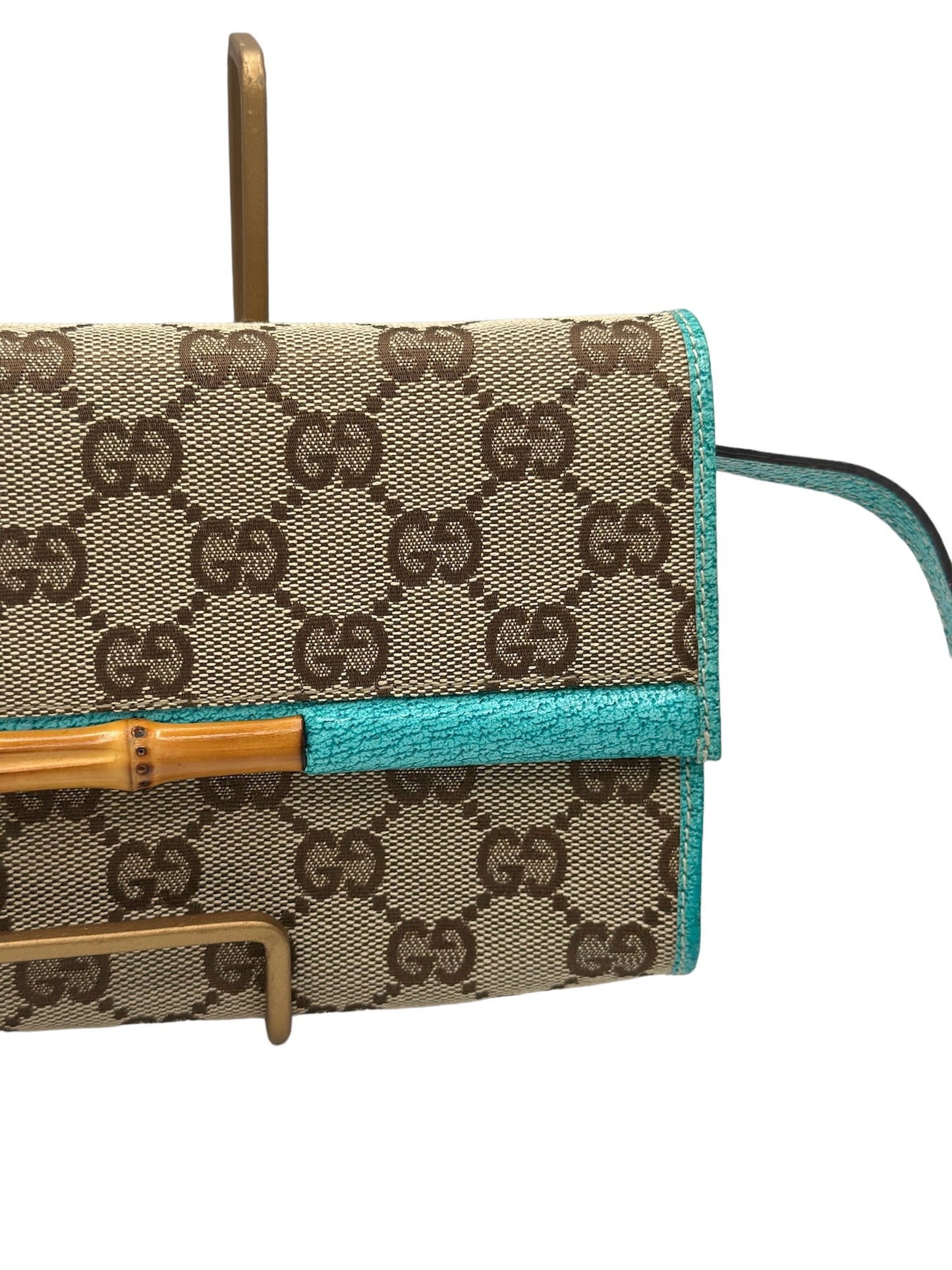 GUCCI - Monogram Bamboo Bar Clutch Turquoise Crossbody Bag