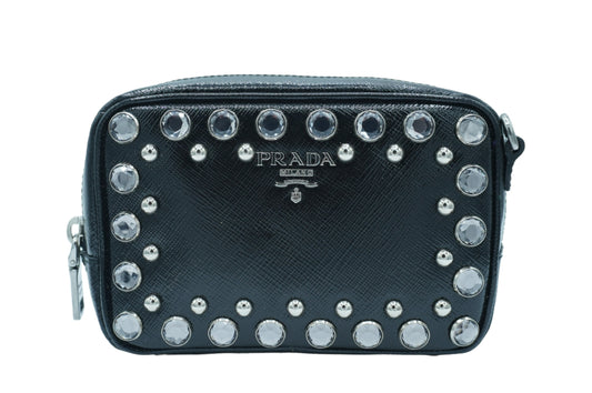 PRADA - Black Silver Clear Saffiano Leather Shoulder Bag