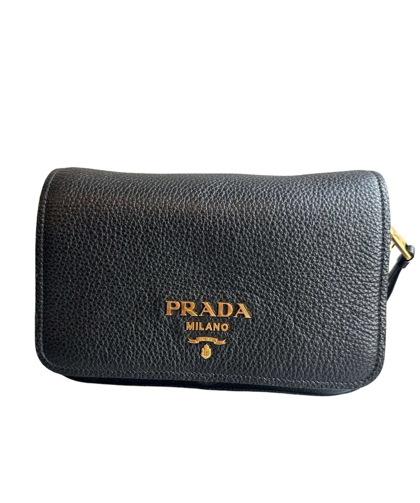 PRADA - Flap Zip Crossbody Bag Vitello Black Phenix Small